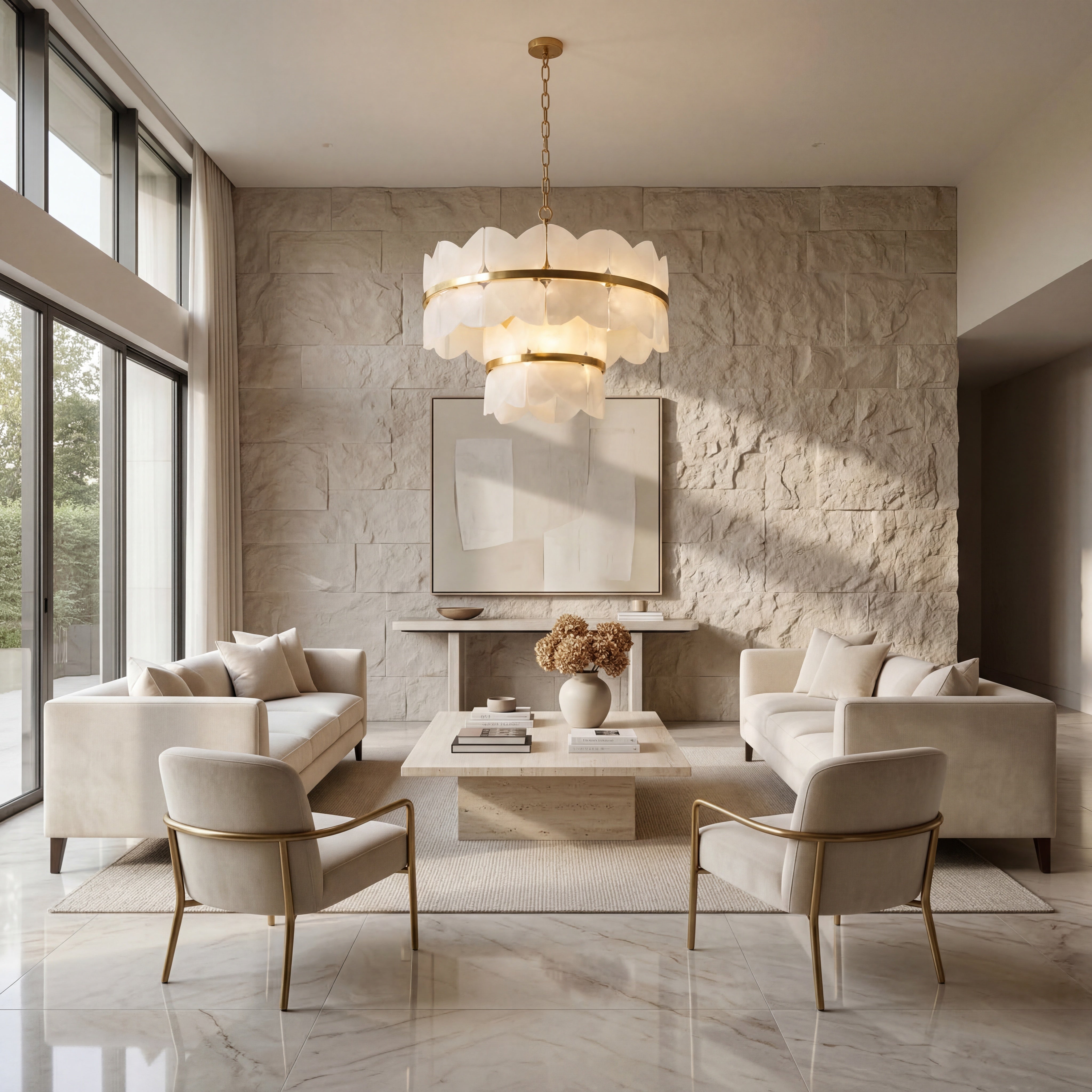 VORELLI® Xavier marble circular chandelier in luxury UK modern interior with marble finishes and warm ambient lighting