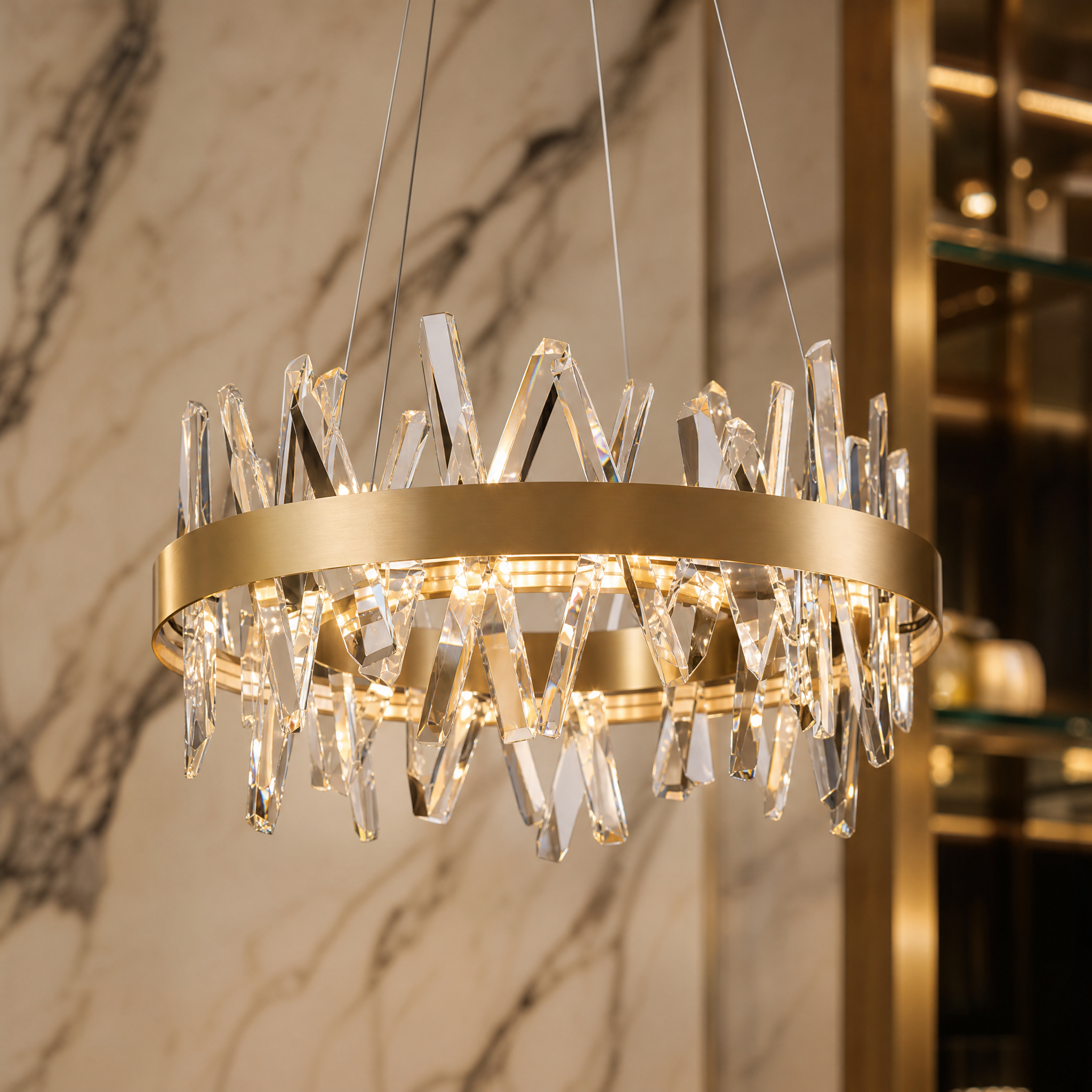 Macro closeup of the angled diamond cut crystals on the VORELLI Yakutia Chandelier, showcasing the intricate textures and premium quality materials.