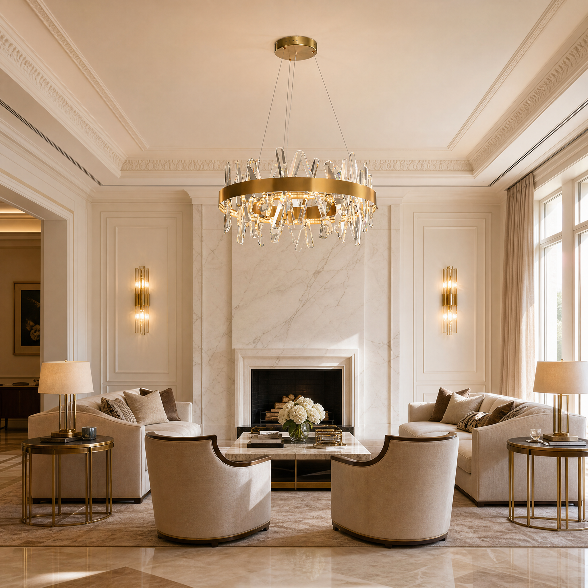 VORELLI Yakutia Circular Chandelier installed in a modern luxury living room, blending contemporary flair with refined residential elegance.