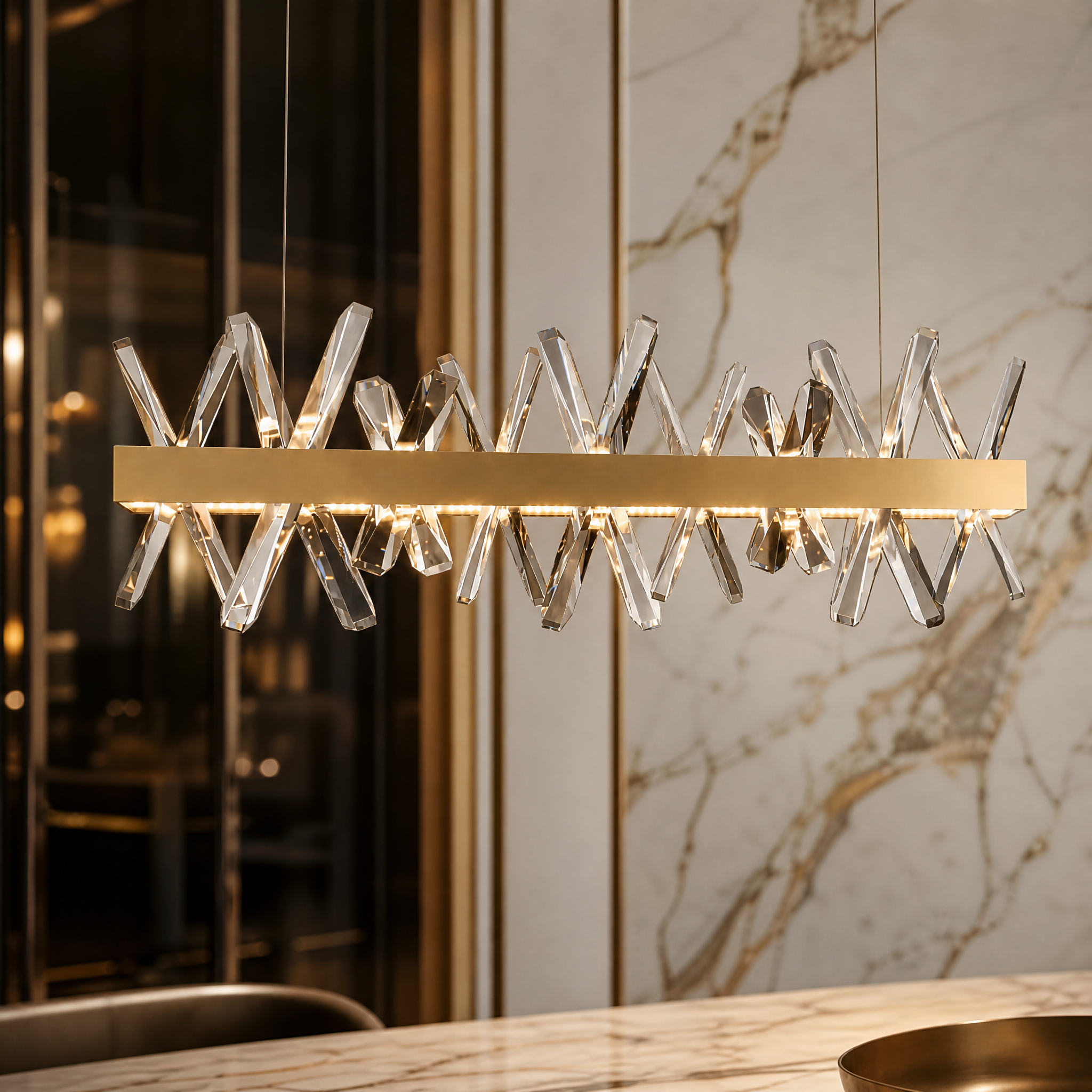 Close-up view of the angled diamond-cut crystals and stainless steel frame of the VORELLI Yakutia rectangular chandelier.
