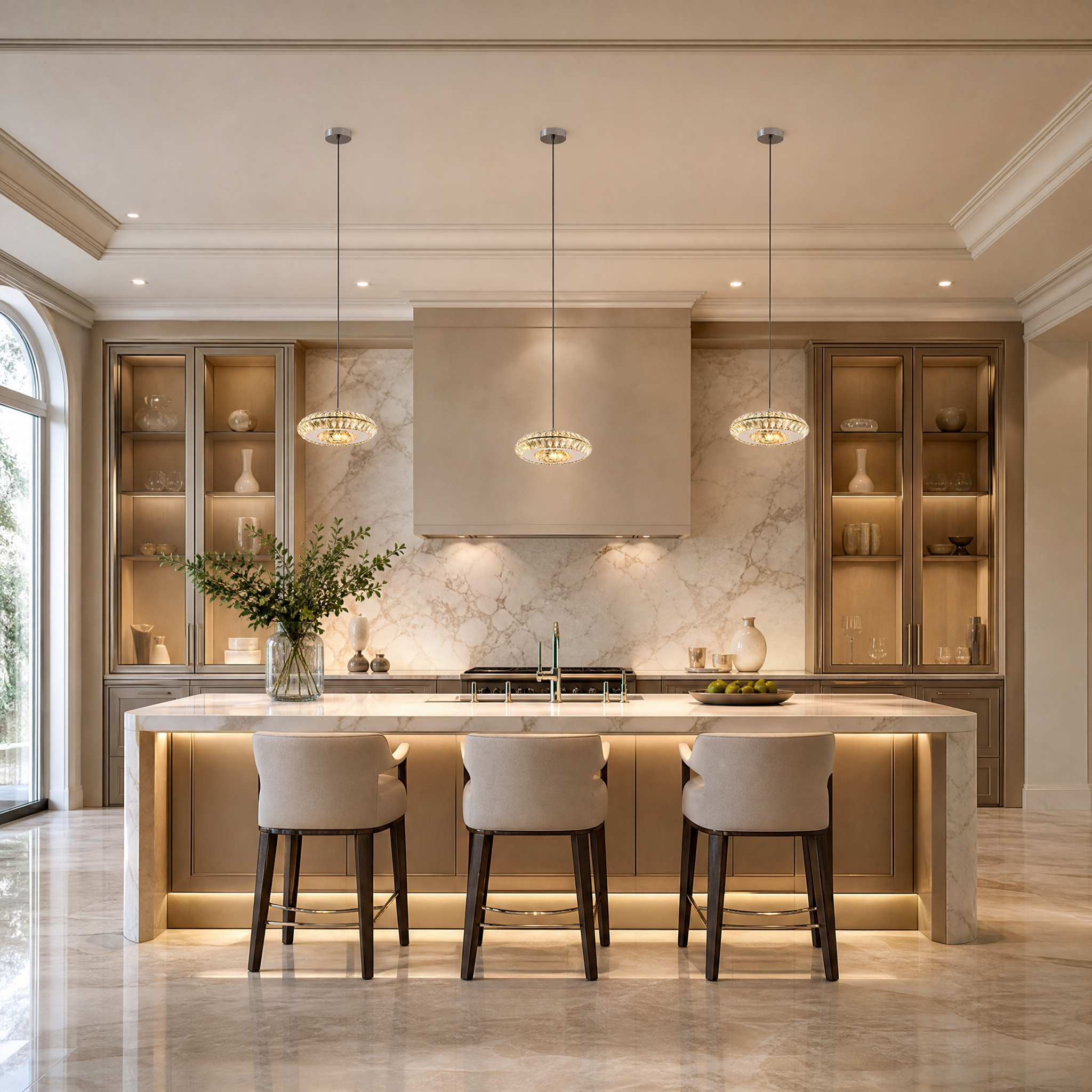 VORELLI Zaffiri diamond cut crystal pendant light illuminating a sophisticated modern residential living room interior.