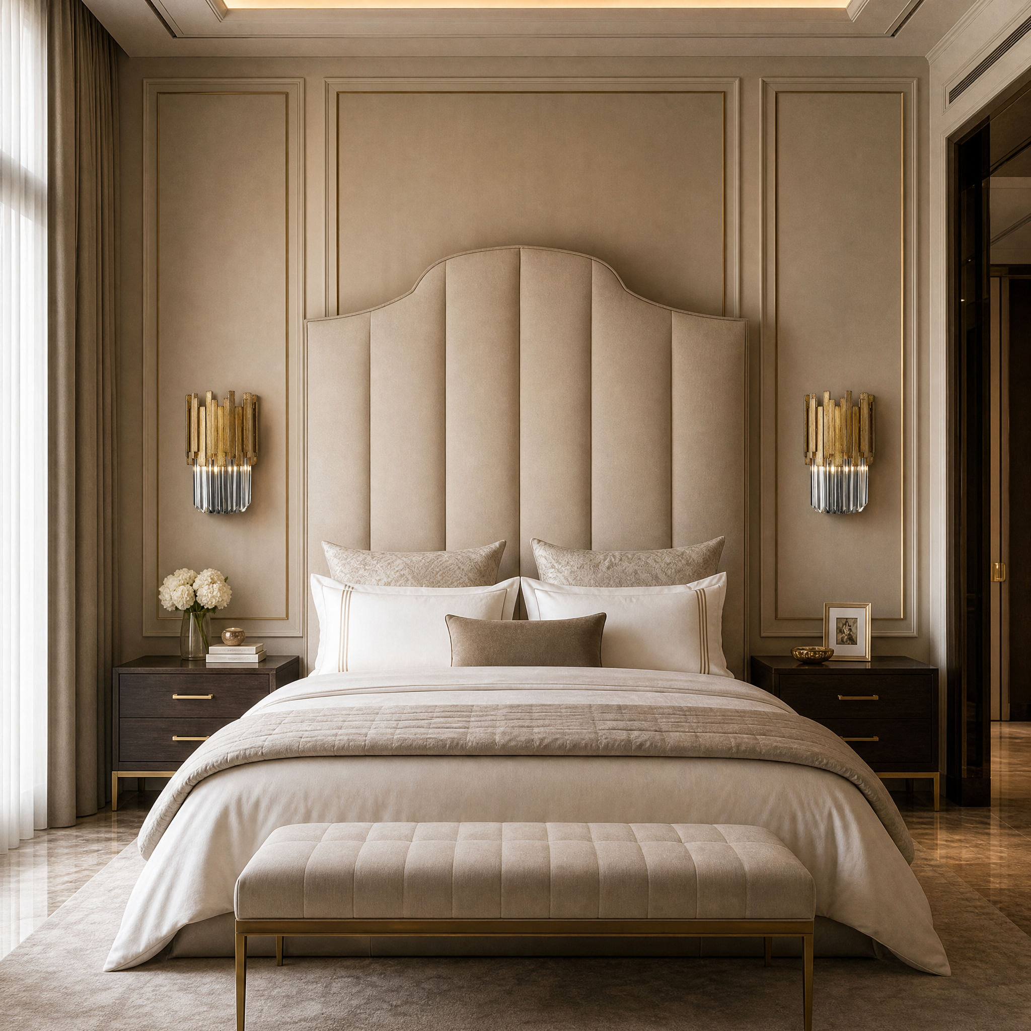 VORELLI Zanero luxury wall light featuring vertical metal bars and cascading faceted crystal prisms illuminating a high-end residential living room with a warm ambient glow.