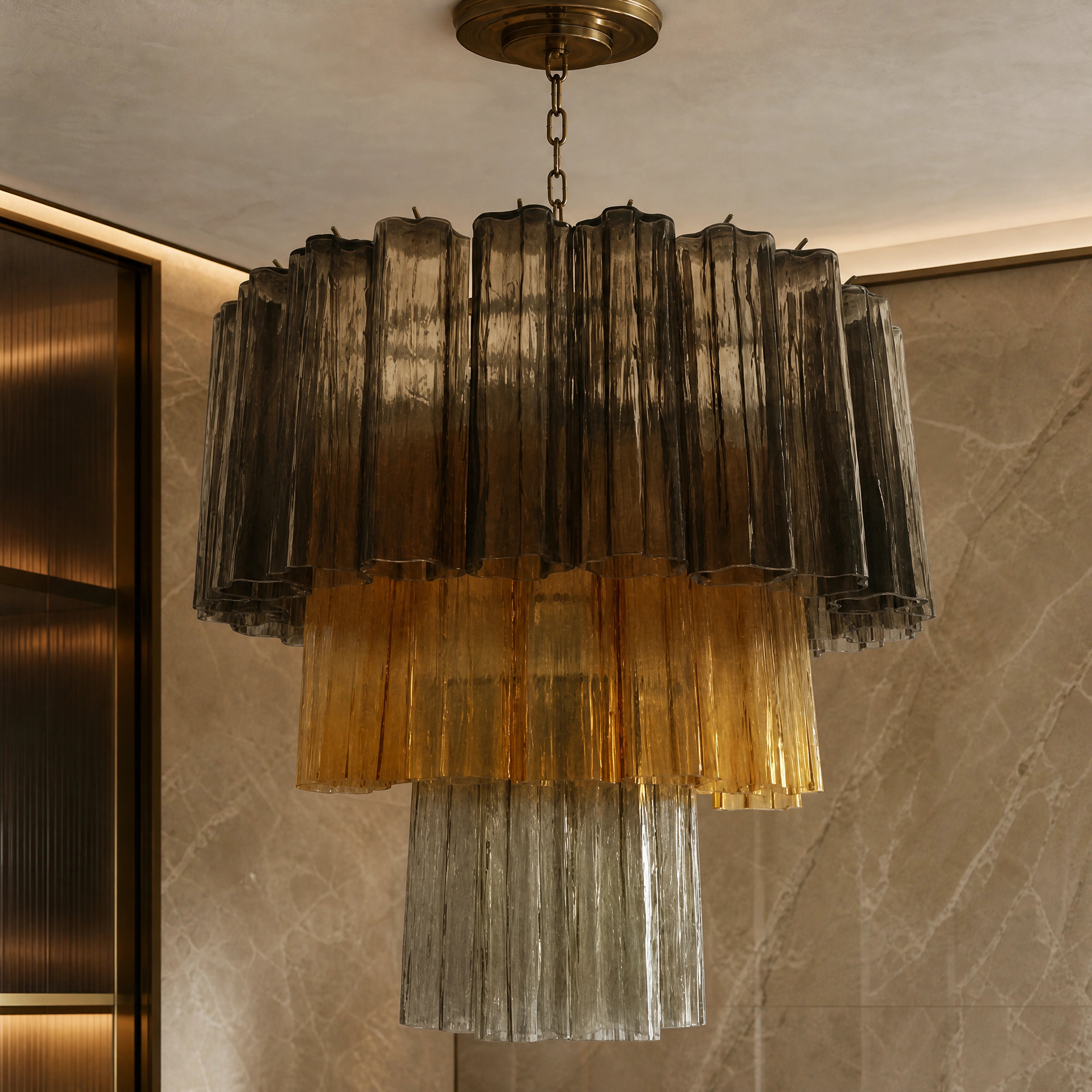 Zanetta Tronchi Murano Glass Circular Chandelier close-up luxury lifestyle hero image by VORELLI