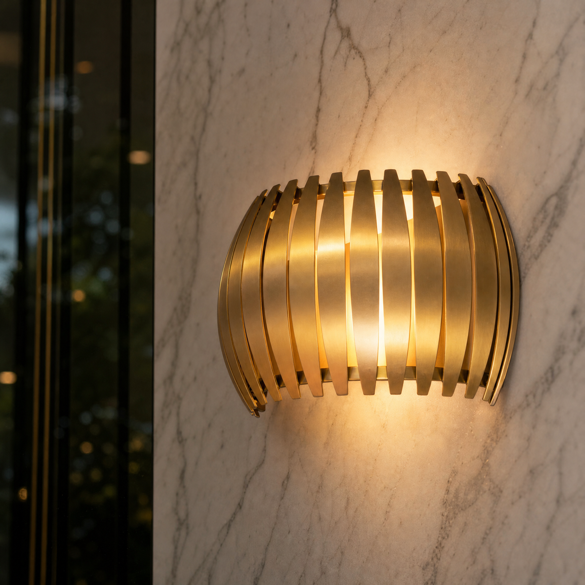Macro closeup of the VORELLI Zeus IP65 wall light, highlighting the refined textures, premium weather-resistant finish, and bold architectural lines.