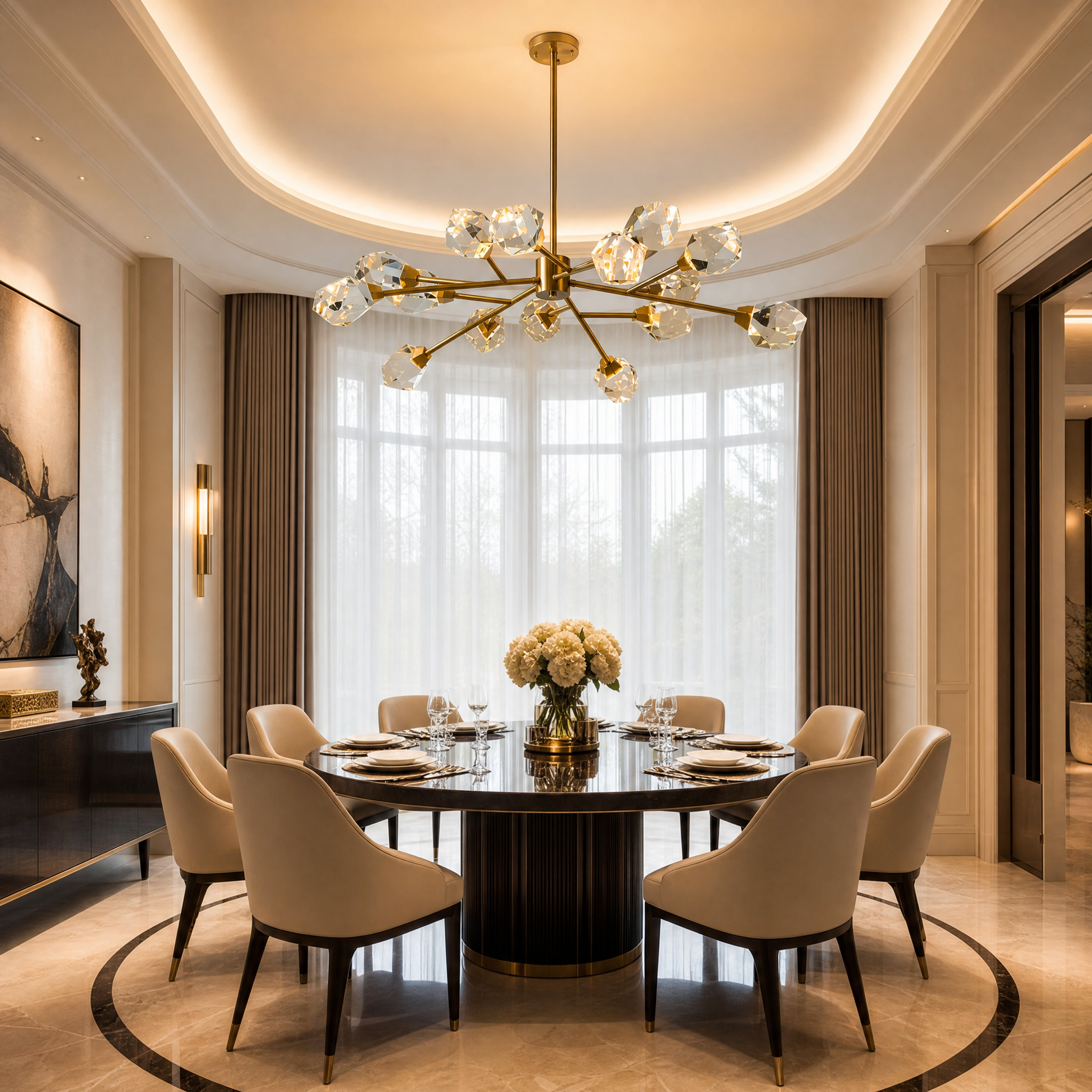 VORELLI Runtz Pendant II luxury crystal pendant light illuminating a sophisticated residential living room interior.