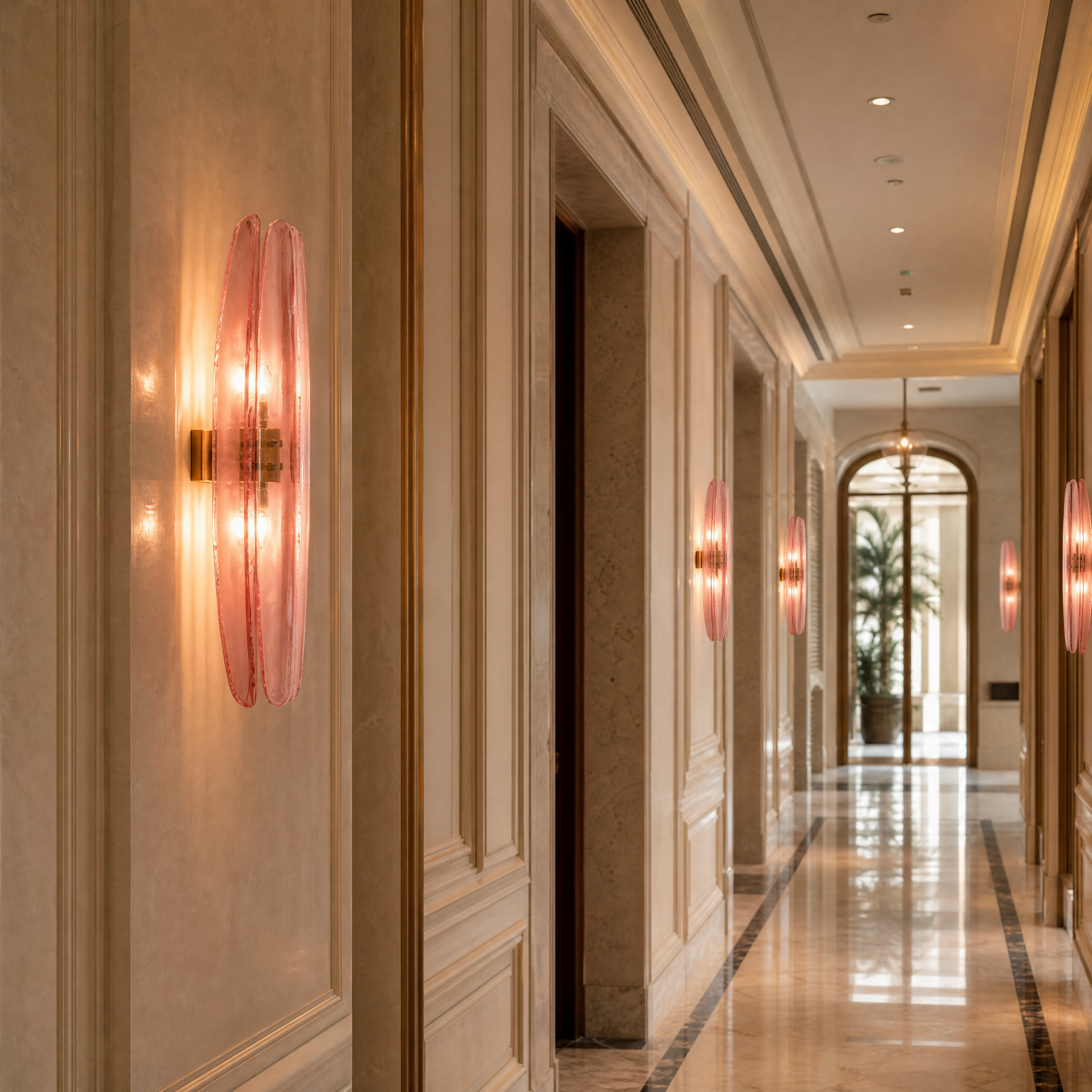 Elegant hospitality interior featuring the Vorelli Dalia pink IP44 wall lights illuminating a high-end boutique hotel hallway next to fine artwork.