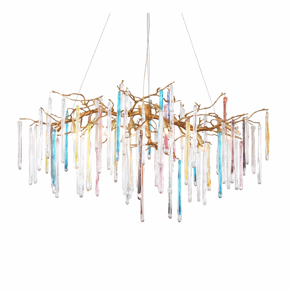 Warm ambient light glowing through the cascading hand-blown glass prisms of the Icicle Rectangular Chandelier II.