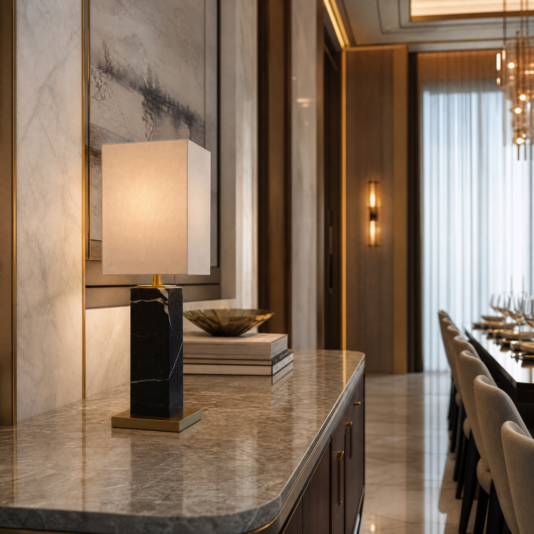 Warm glow cast by the Valdoro marble lamp in a dim room setting highlighting the opal shade texture
