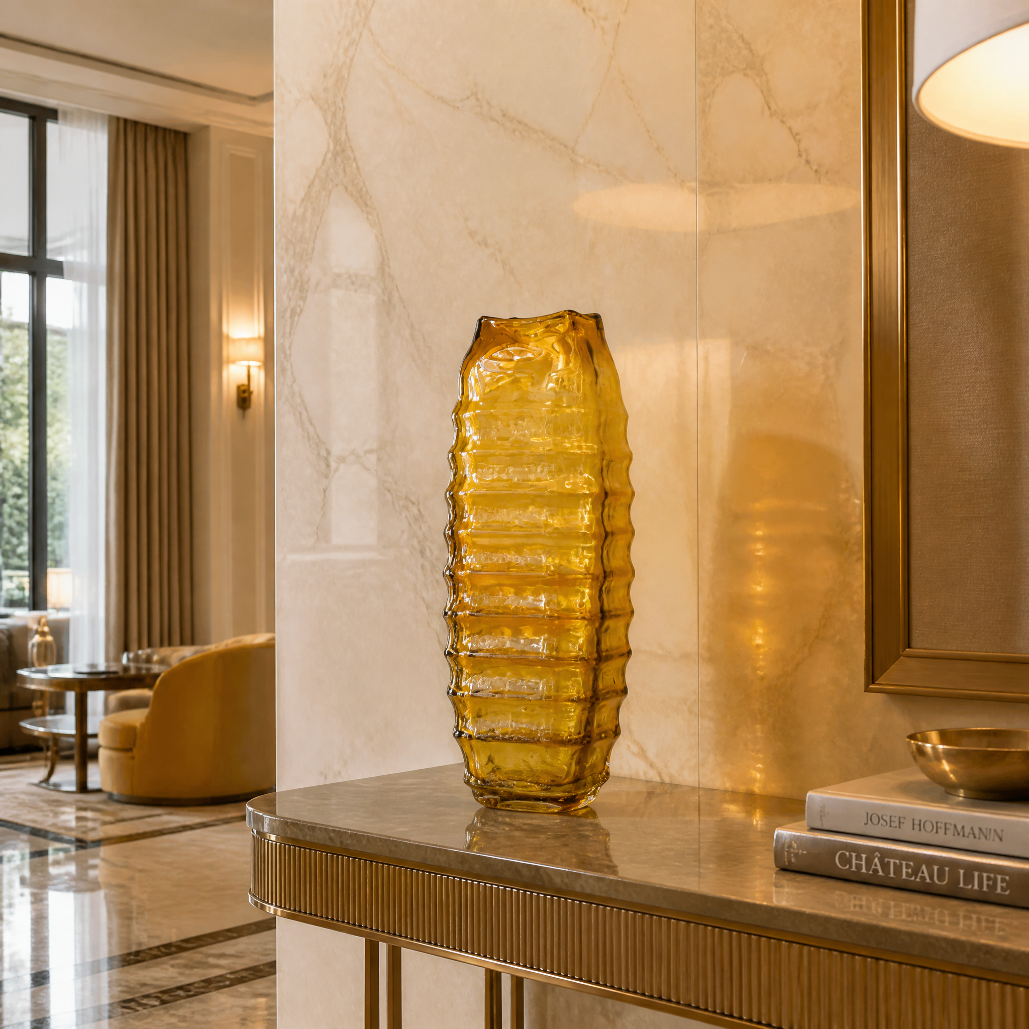 Warm golden-yellow Valdese vase filled with dried florals adding organic texture to a minimalist sideboard.
