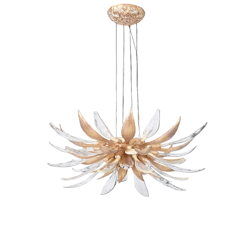 Warm, soft illumination radiating through the layered glass petals of the Luciana circular chandelier, creating an elegant mood.