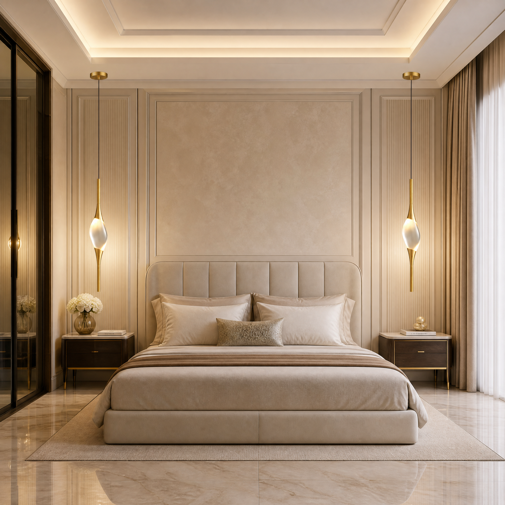 A slender Wentworth Pendant Light illuminating a cozy modern bedroom with a soft, warm glow.
