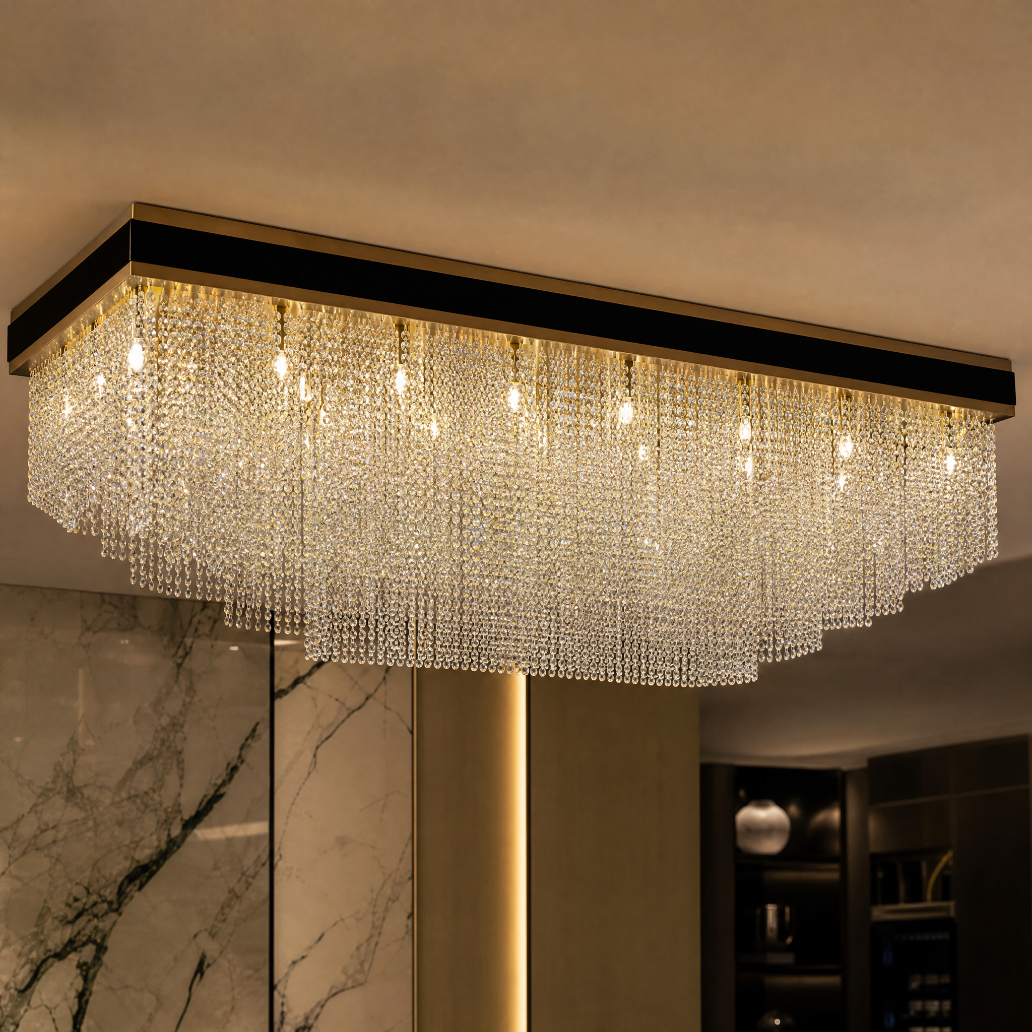 Detailed closeup of the VORELLI Westminster ceiling light, showcasing the premium stainless steel frame and intricate cascading crystal chains.