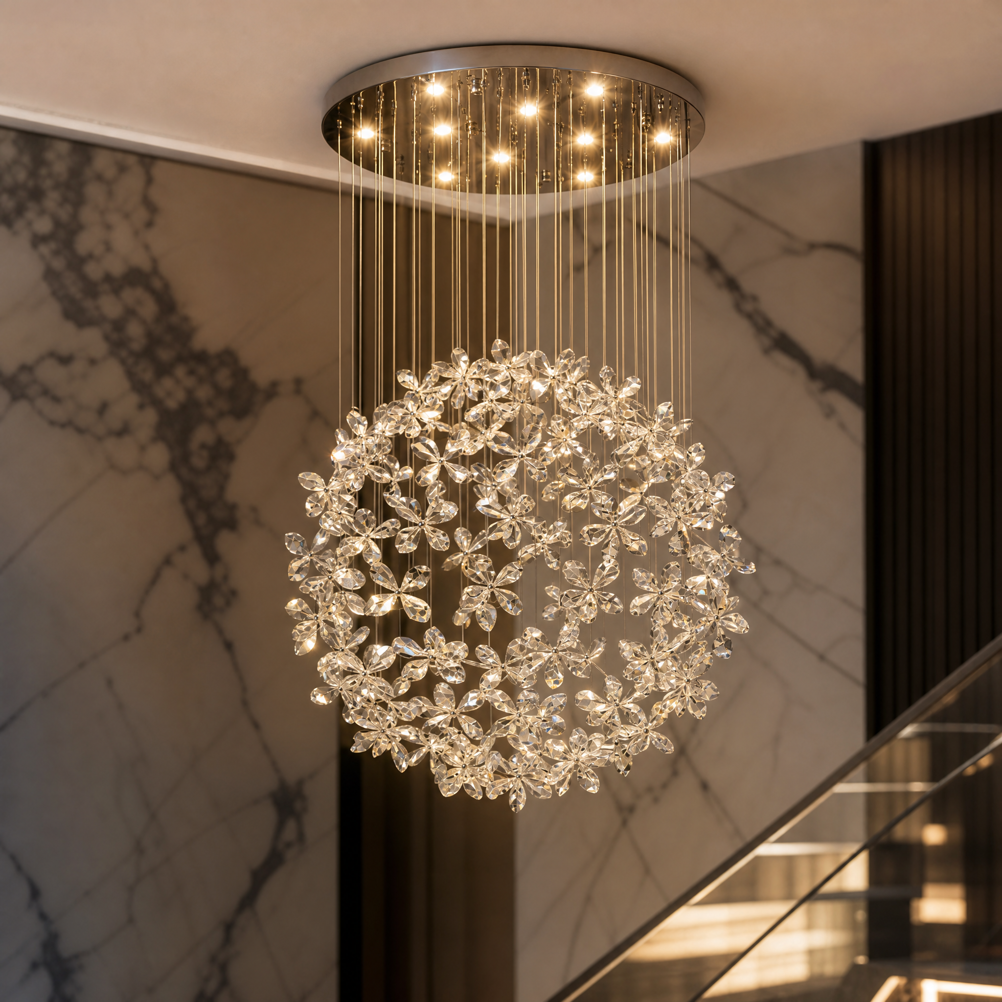 A close-up shot of the Whirlow chandelier highlighting the intricate diamond-cut floral crystal pendants and their brilliant light-reflecting facets.