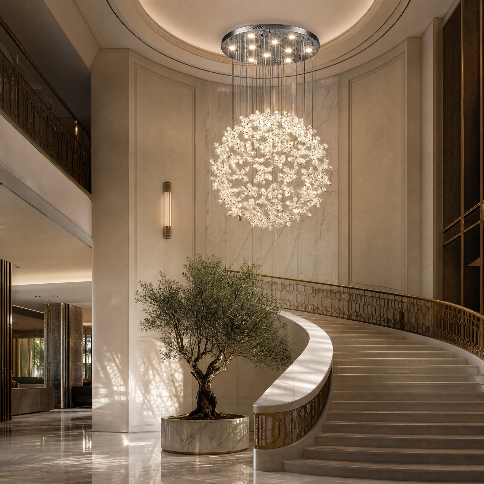 A majestic Whirlow crystal pendant chandelier hanging in a luxury hotel atrium, forming a bold architectural statement in a high-end hospitality setting.