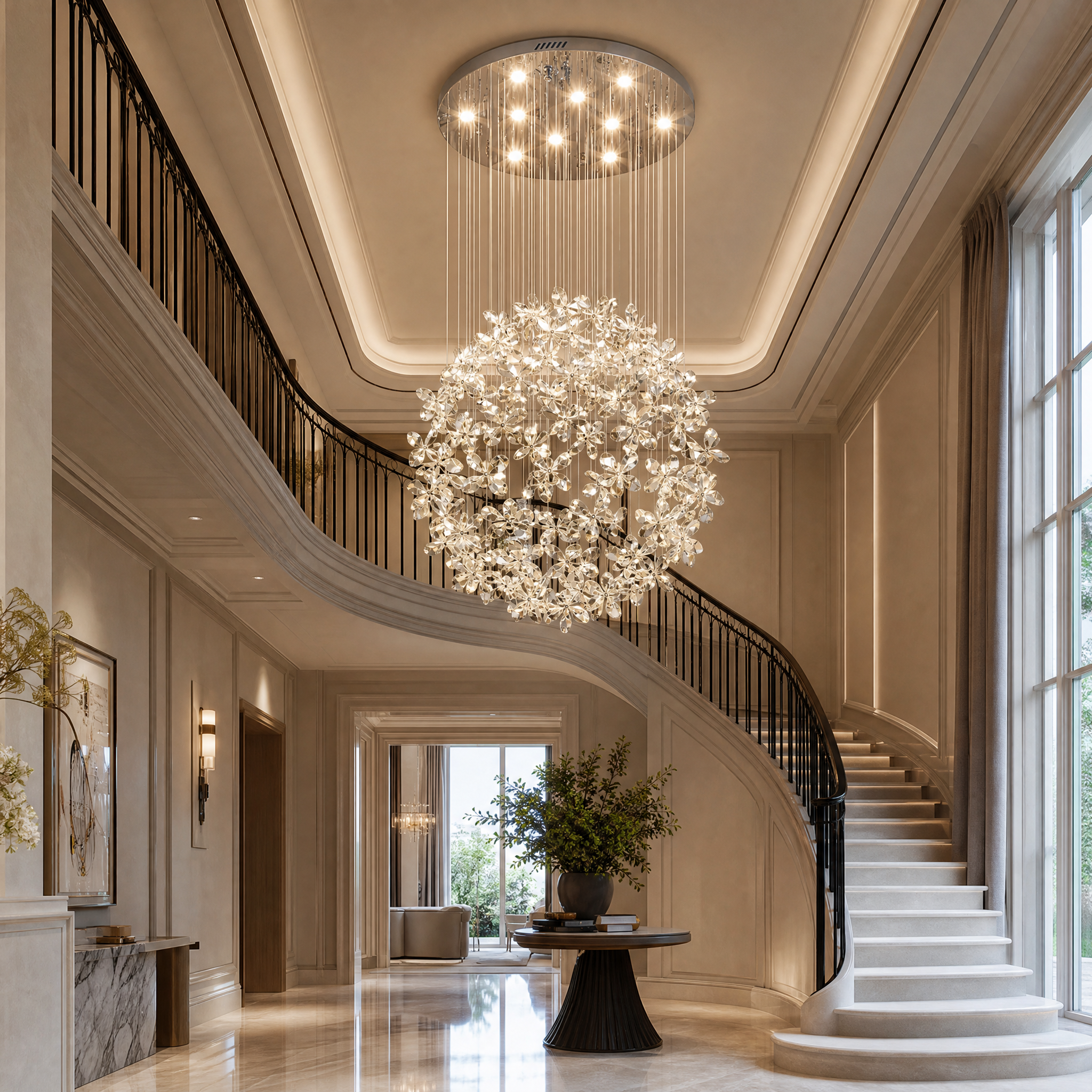 The VORELLI Whirlow staircase chandelier cascading down a grand residential entrance hall, illuminating the modern spiral staircase with a radiant crystal glow.