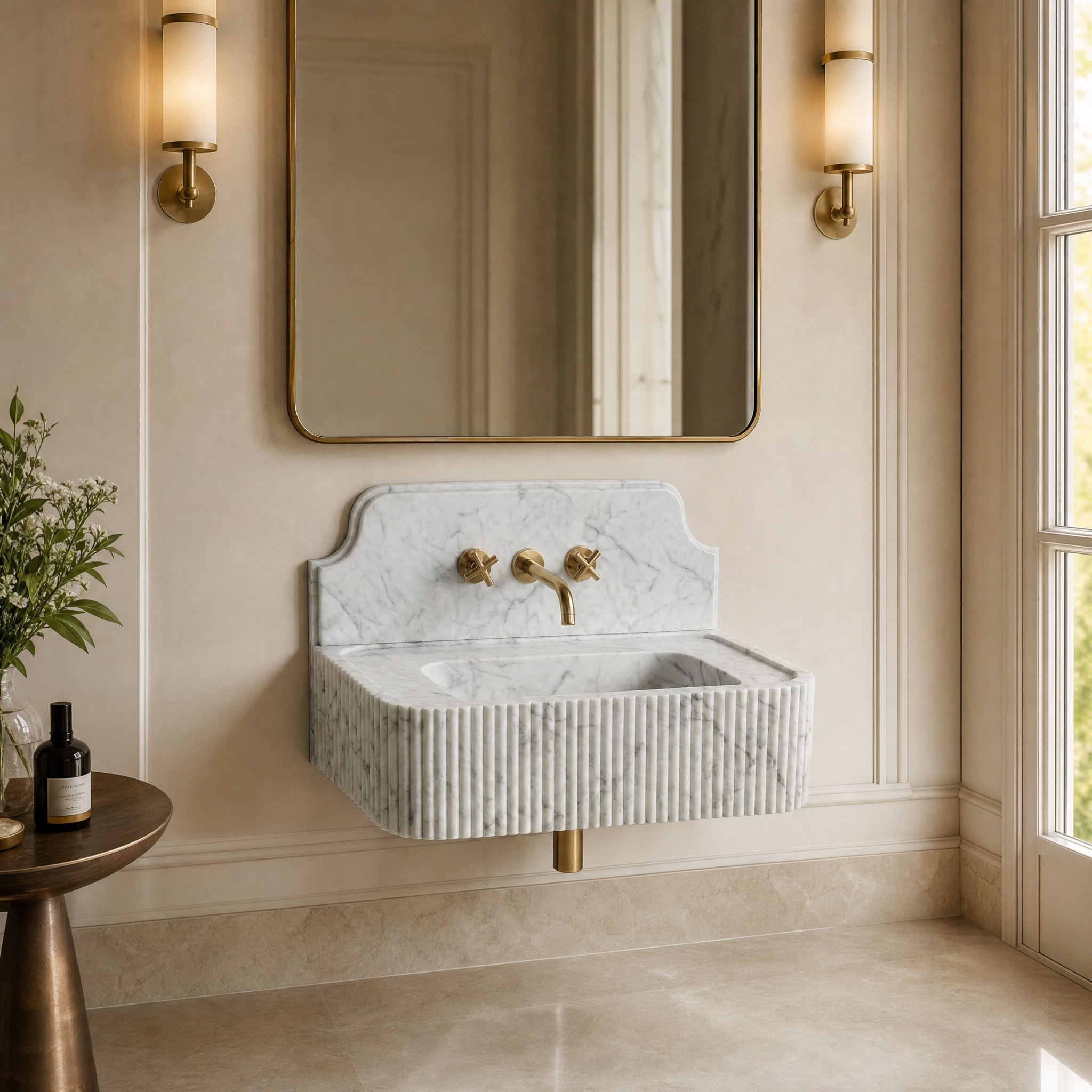 A premium residential powder room featuring the VORELLI White Carrara fluted marble backsplash sink, highlighting its soft feathered veining and elegant design.