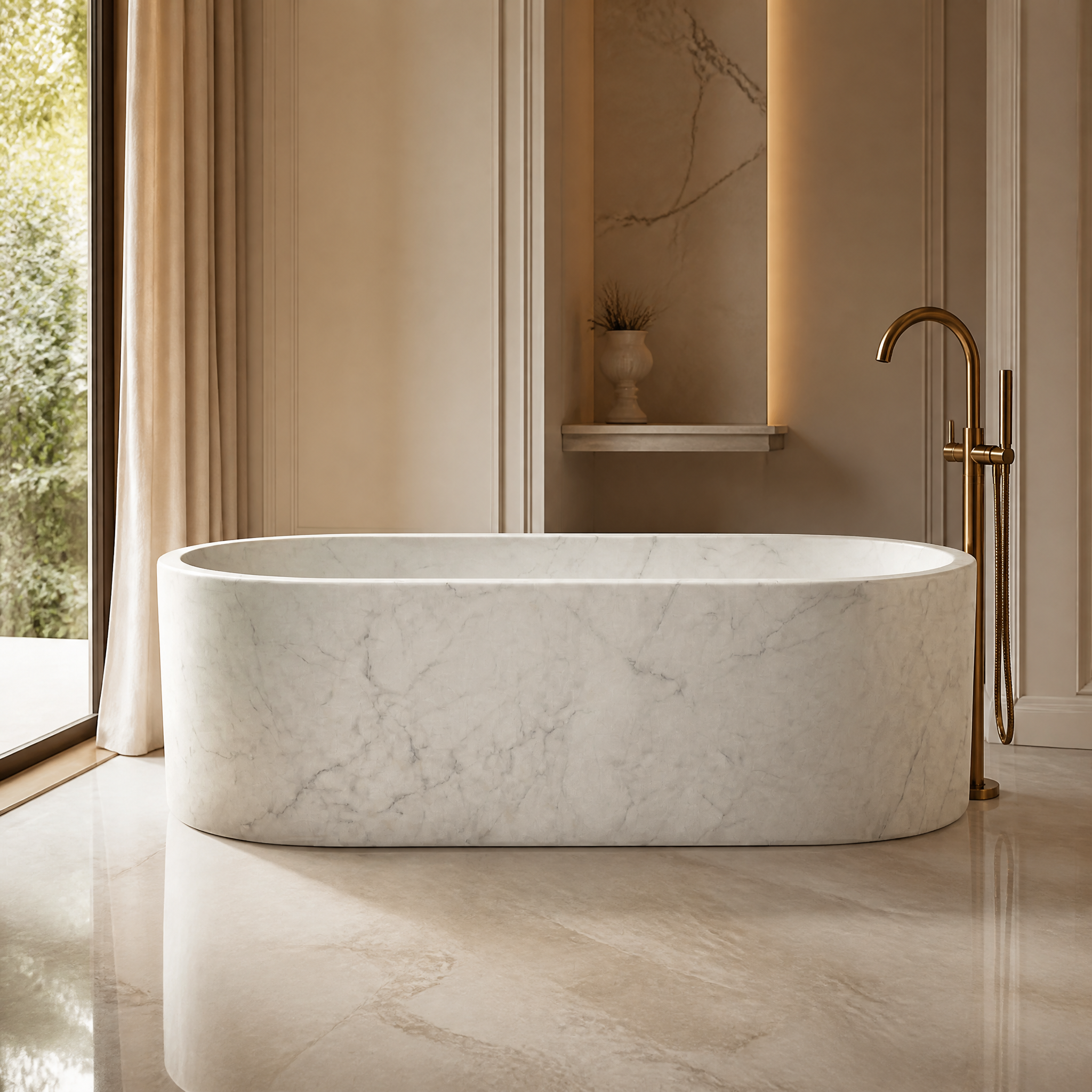 A luxurious residential bathroom featuring the VORELLI White Carrara Marble Freestanding Elliptical Bathtub with elegant soft grey veining.