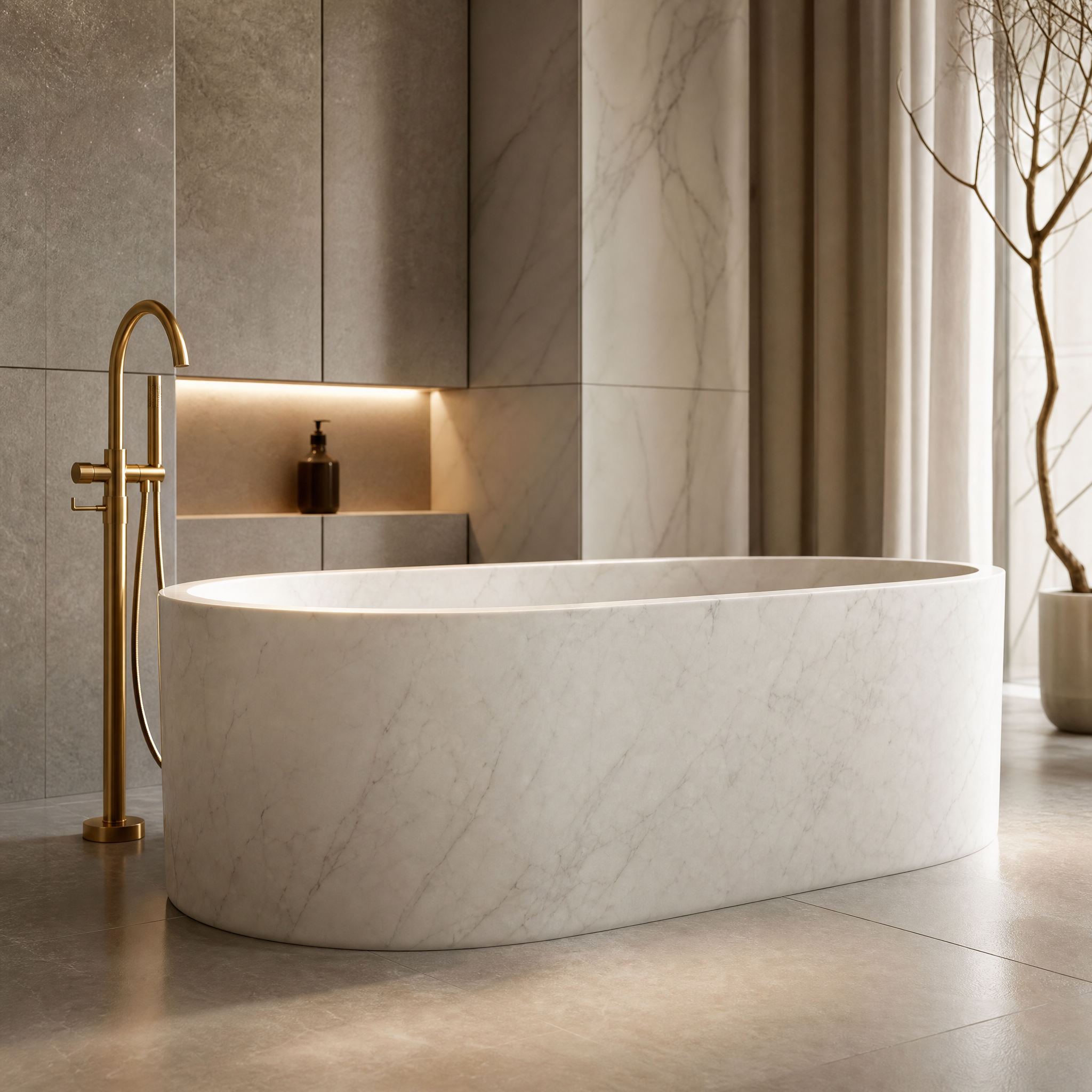 A close-up view highlighting the unique feathered veining, natural stone movement, and smooth luxury finish of the VORELLI White Carrara Marble Bathtub.