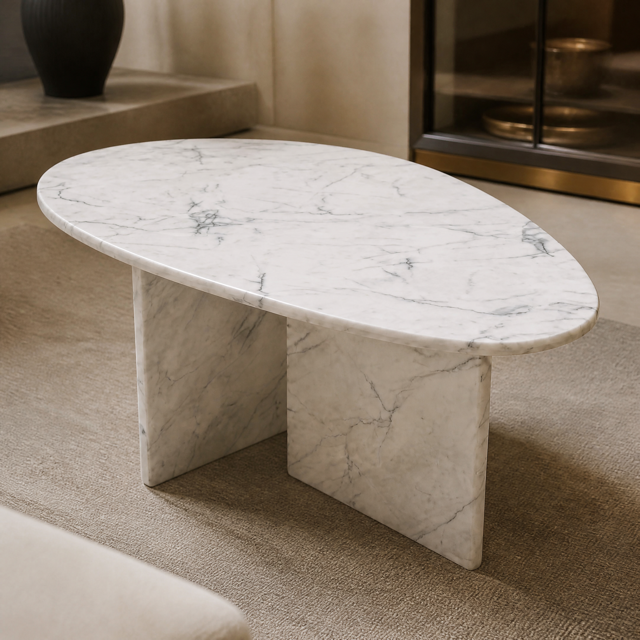 A detailed closeup showcasing the premium feathered grey veining and polished surface of the White Carrara marble pebble coffee table.