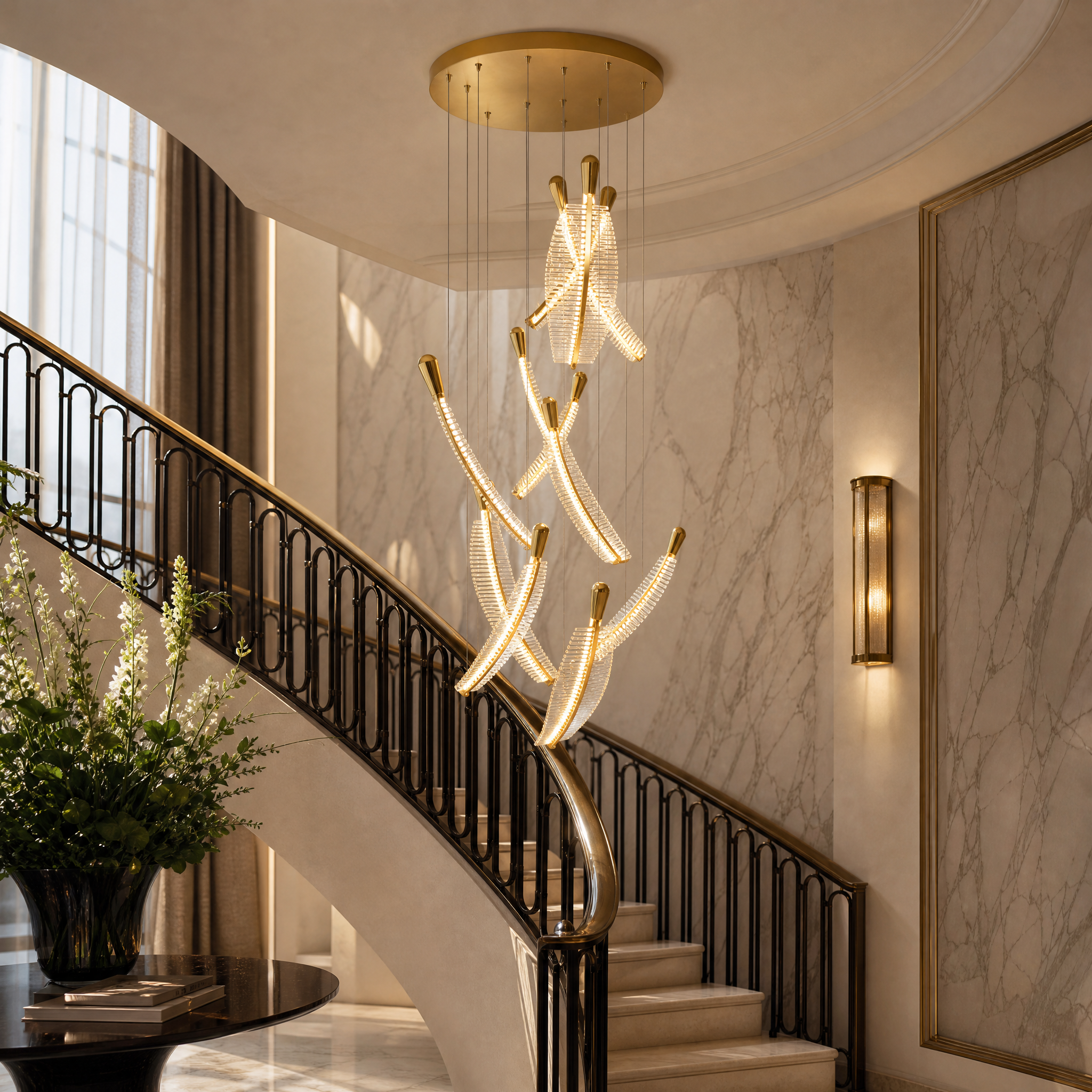 Dramatic Whitford crystal cascade chandelier hanging in a high-end commercial hospitality space, creating an elegant and sophisticated atmosphere in a hotel lobby.