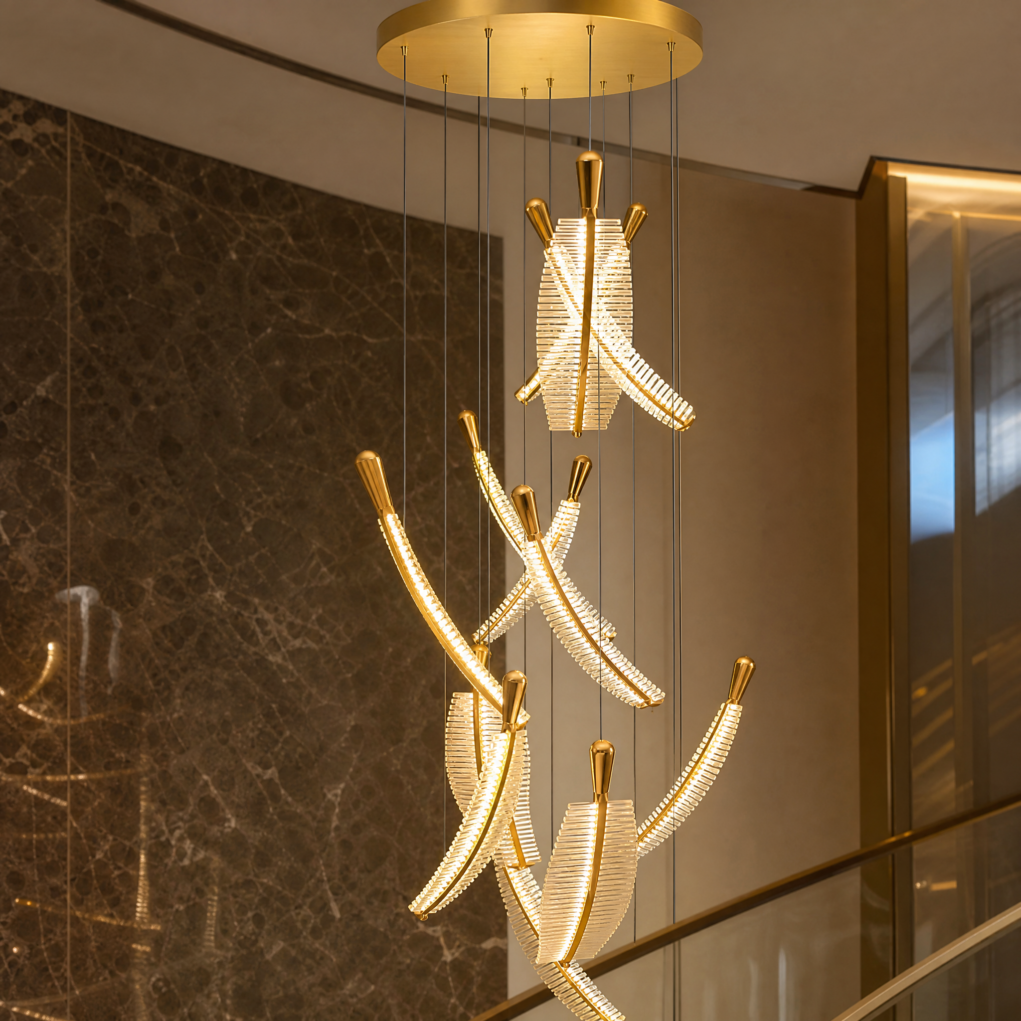 Detailed closeup of the VORELLI Whitford pendant chandelier showing the intricate, high-quality sculptural crystal tubes designed for premium light reflection.