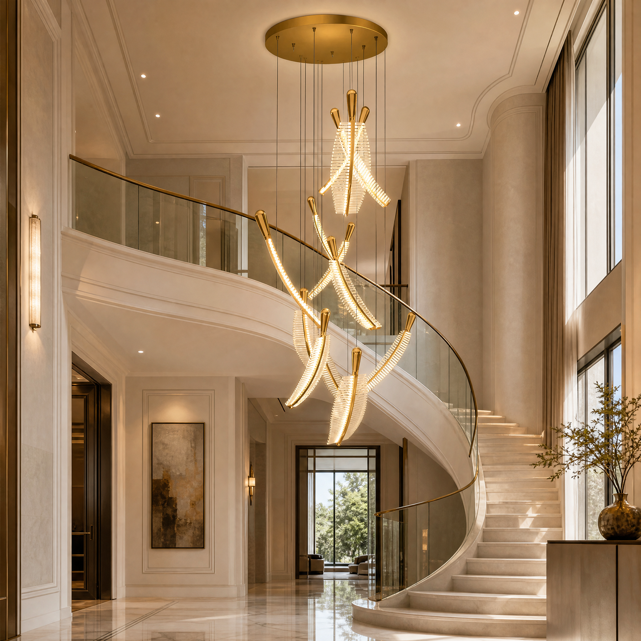 VORELLI Whitford pendant staircase chandelier cascading gracefully down a grand residential hallway, illuminating a modern luxury home interior with crystal tube elements.