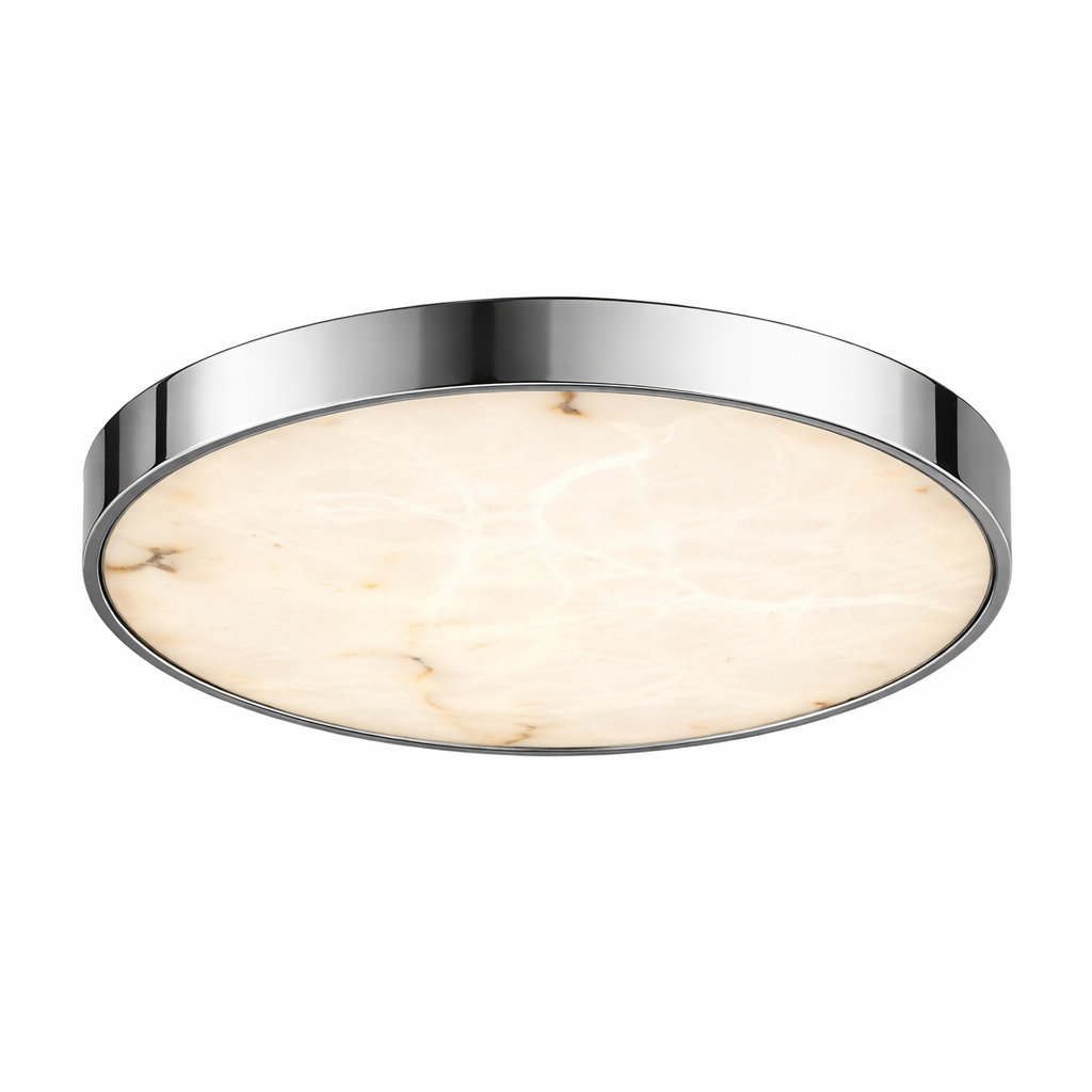 Wide angle shot of the Morenita marble light illuminating a contemporary dining area with a sophisticated, warm atmosphere.