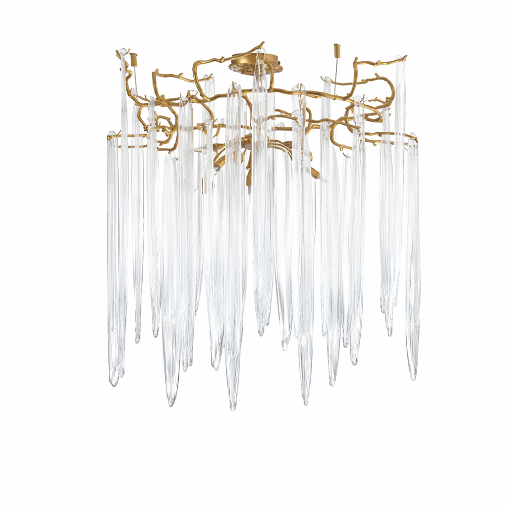 Wide angle view of the Icicle Ceiling Light II displaying the dynamic movement and layered depth of the hand-formed glass elements.