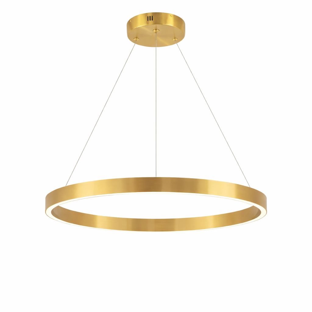 Wide angle view of the Jobson ring chandelier illuminating a contemporary dining room with a soft glow.