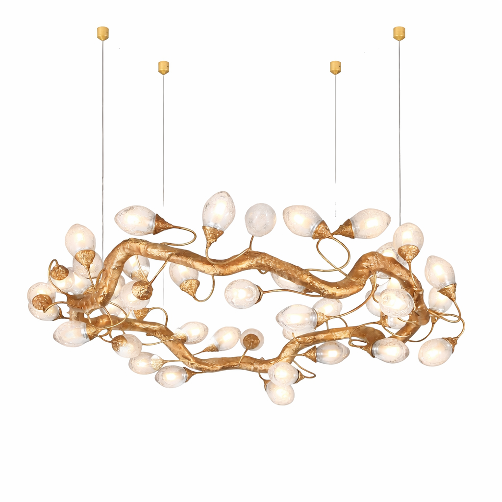 Wide angle view of the Tremezzo circular chandelier casting soft light across a refined living room interior