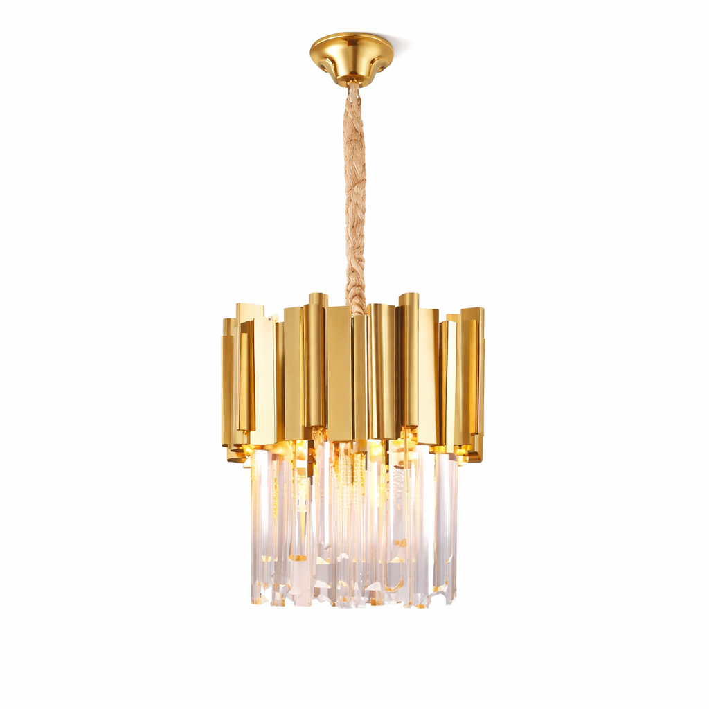Wide shot of the Boeotia pendant light featuring cascading faceted crystals in a grand interior