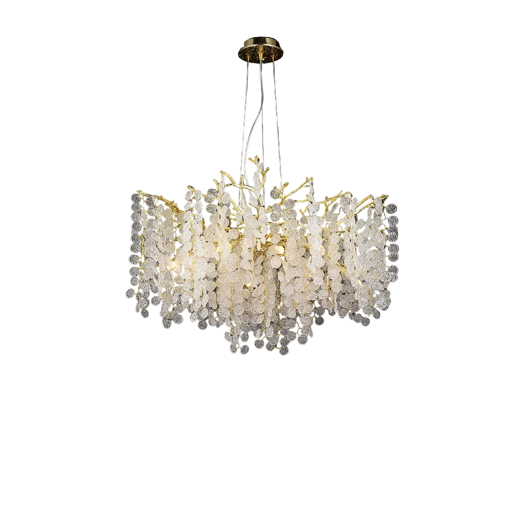 Wide shot of the Lunaria circular chandelier showcasing its organic branch structure and layered crystal discs.
