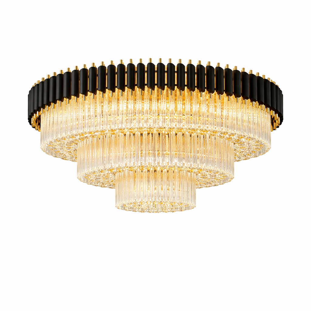 Wide view of Milltimber Grandeur circular ceiling light suspended in a grand dining hall