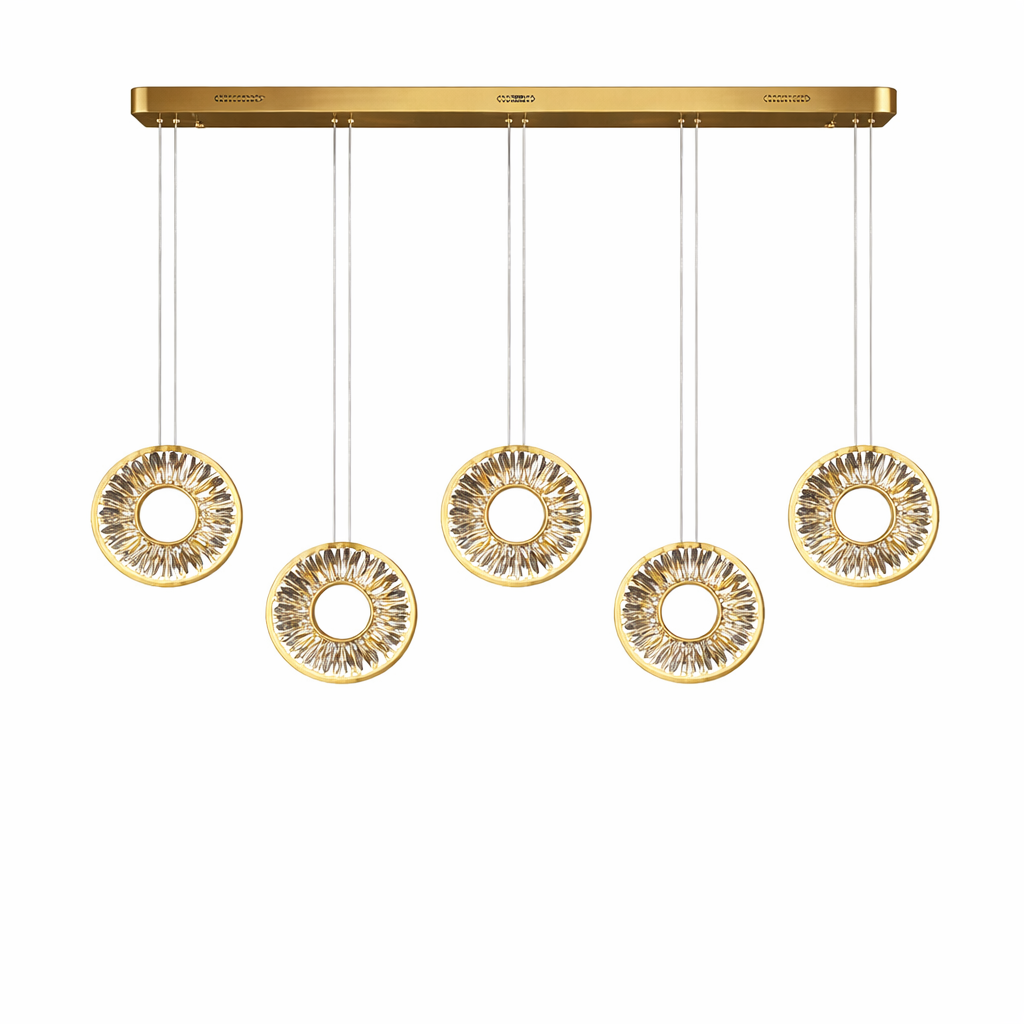 Wide view of the Bocelli rectangular chandelier casting a warm, sophisticated glow in a modern open-concept space.