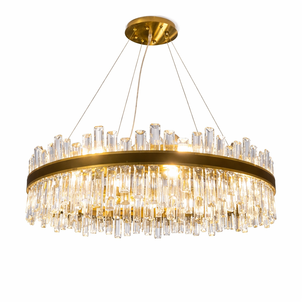 Wide view of the Brighouse circular chandelier casting a warm, sophisticated glow in a spacious contemporary interior.