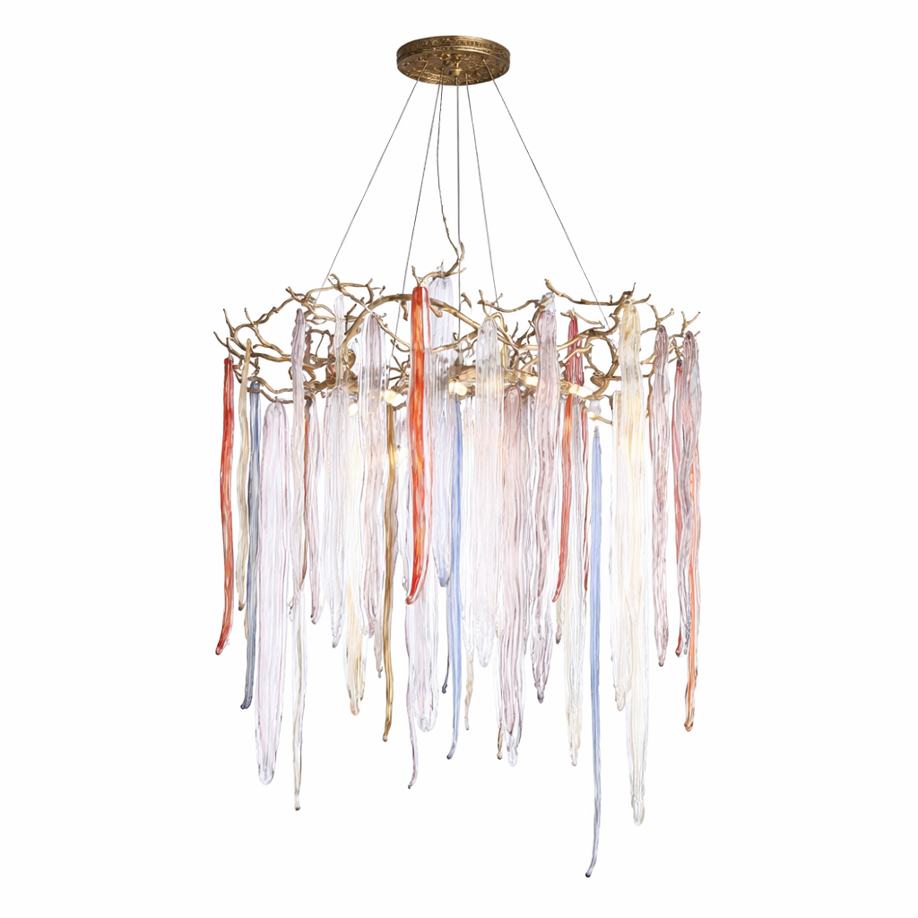 Wide view of the Icicle Circular Chandelier reflecting light against a minimalist wall, highlighting its refined circular form.
