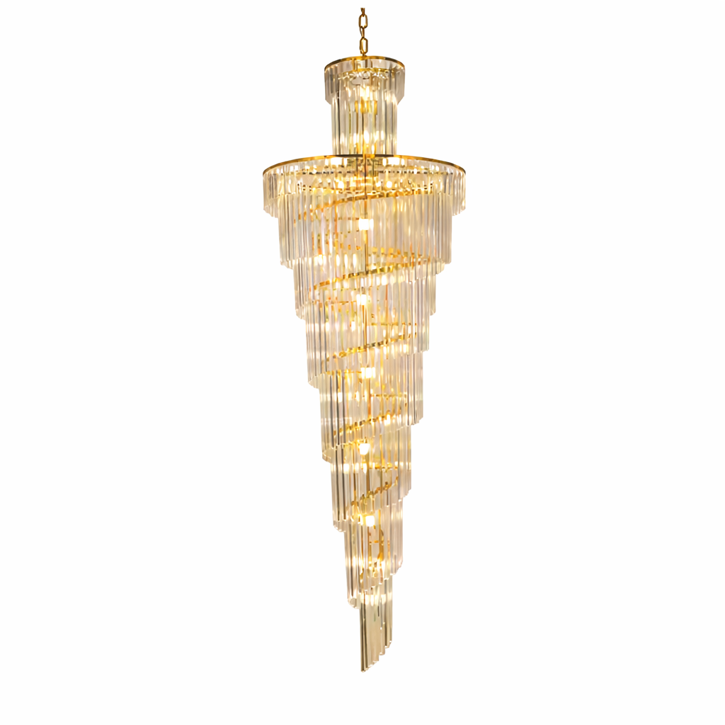 Wide view of the Milazzo chandelier cascading down a spiral staircase in a contemporary home.