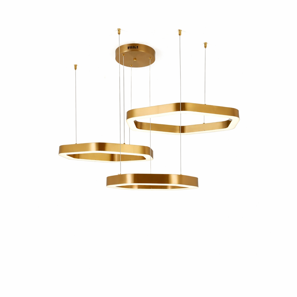 Wide view of the VORELLI Hex Trio Circular Chandelier showcasing its expansive triple-tier structure in an open-plan contemporary dining room.