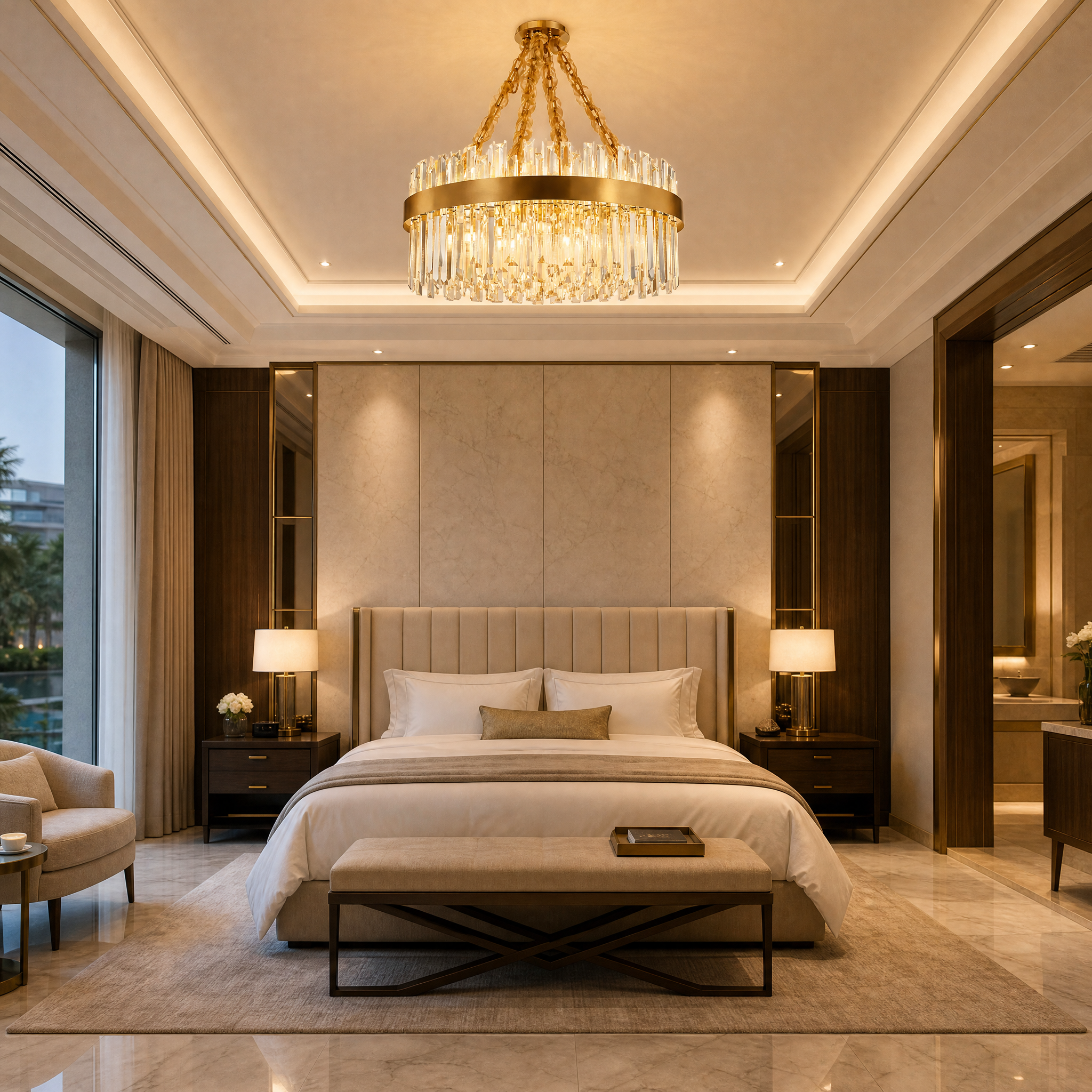 A grand Williston round chandelier featuring a stainless steel frame and brilliant crystal bars hanging in a high-end hospitality hotel lobby.