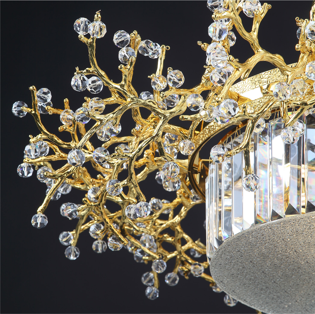 Close-up of branching crystal detail on VORELLI® luxury chandelier
