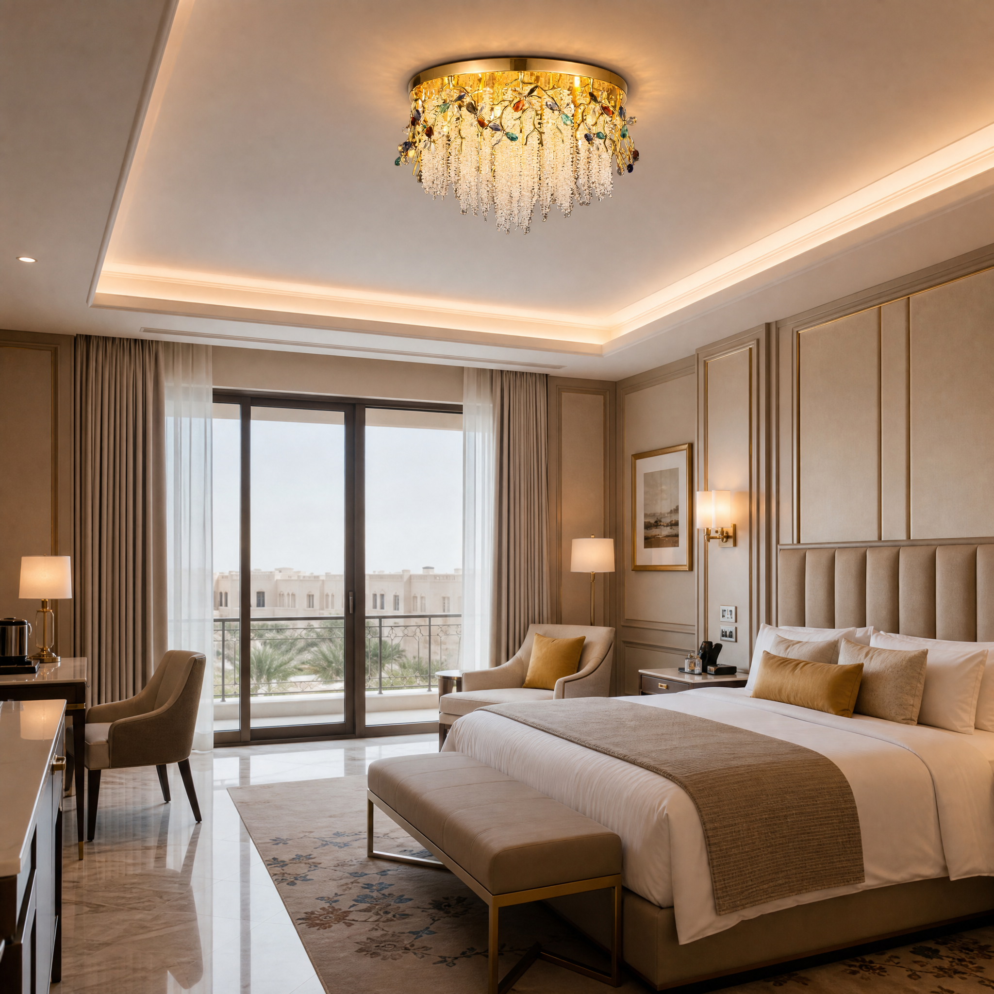 Upscale hospitality lounge illuminated by the elegant and sculptural Wisteria crystal ceiling light.
