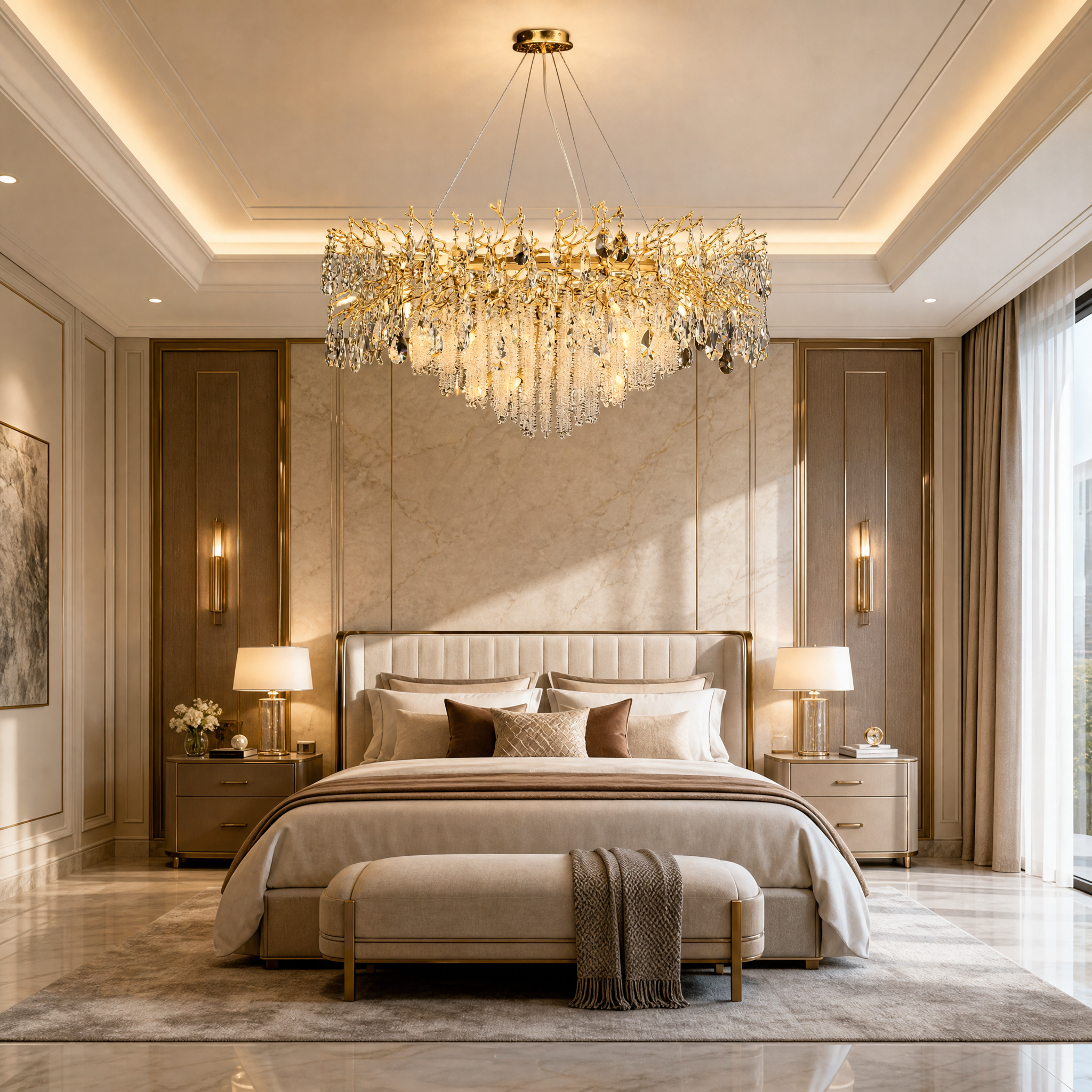 The elegant Wisteria Dewdrop Circular Chandelier providing high-end statement lighting in a luxury hotel lobby hospitality project.