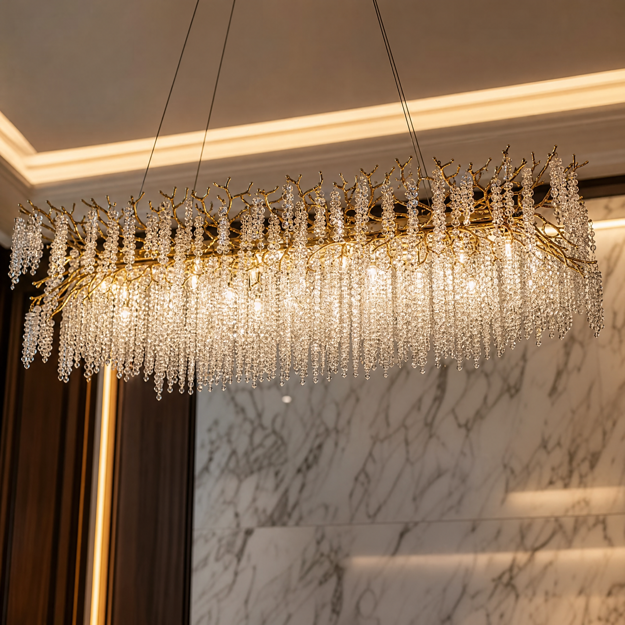 Close-up macro view of the VORELLI Wisteria Rectangular Chandelier II showcasing the intricate diamond cut crystal strands and sculptural branches.