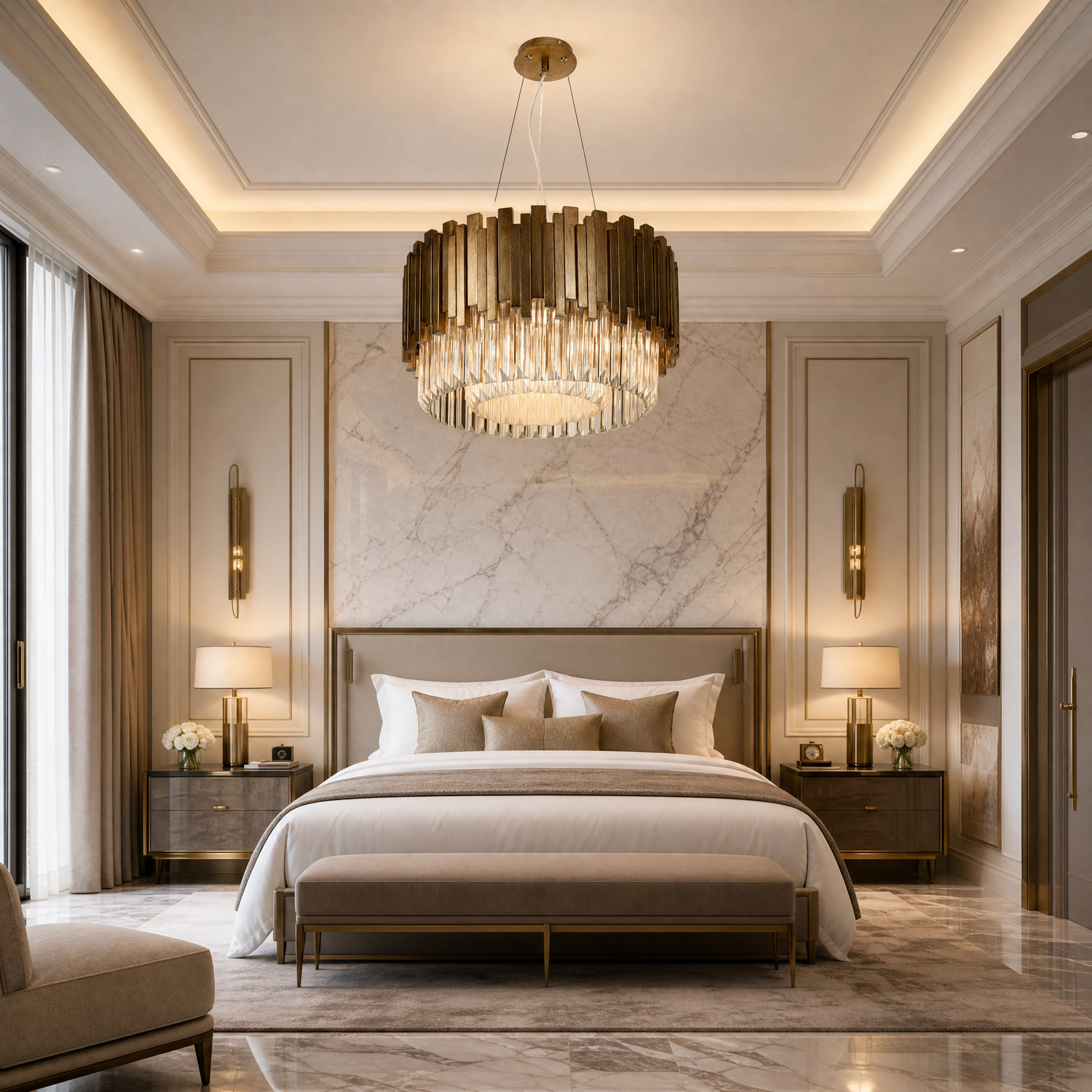An upscale hotel lobby featuring the grand VORELLI Zanero Circular Chandelier, creating a sophisticated and welcoming ambiance with its dynamic crystal design.