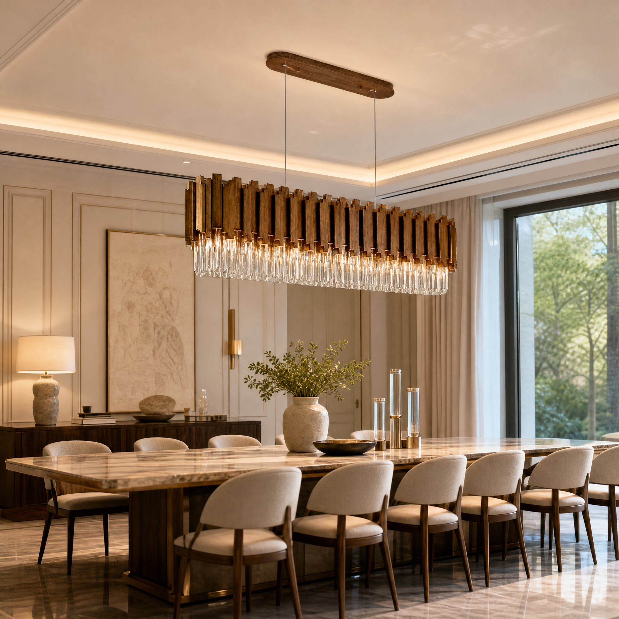 The Zanero Rectangular Chandelier illuminating a contemporary residential dining space, casting a warm glow through its faceted crystal prisms over a modern table setup.