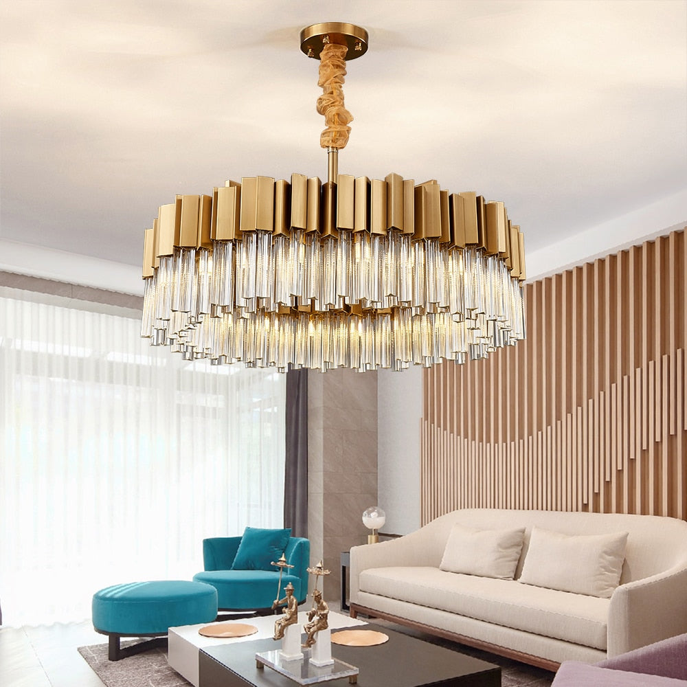 Antilia Circular Chandelier hanging in a contemporary living room, radiating elegance with its prism-cut crystal bars.