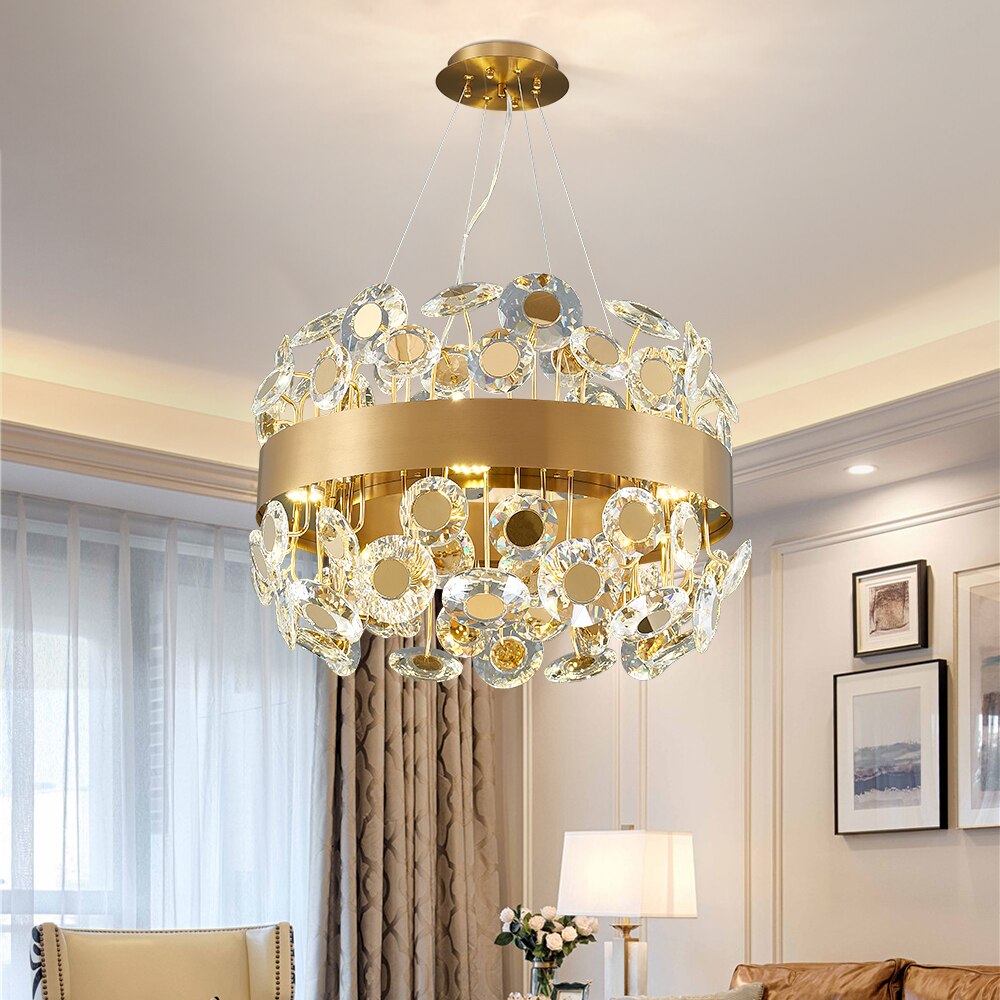 VORELLI® Patara round crystal chandelier installed in refined interior creating elegant ambient lighting