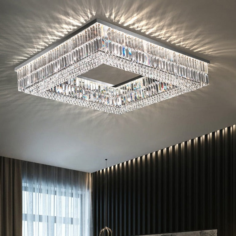 chartrons square ceiling light angled view highlighting crystal detail and mirrored centre
