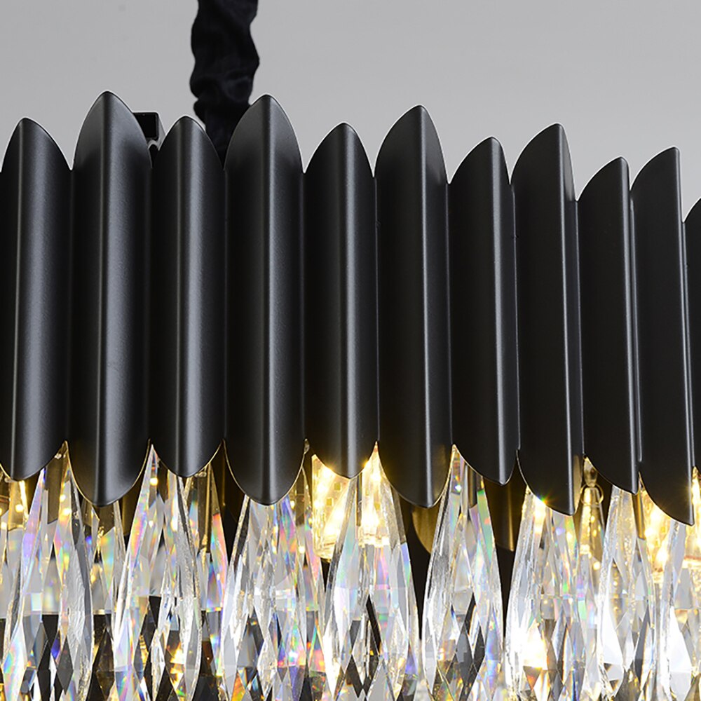 Side view of the Doral Rectangular Chandelier showing black fins and cascading crystal droplets