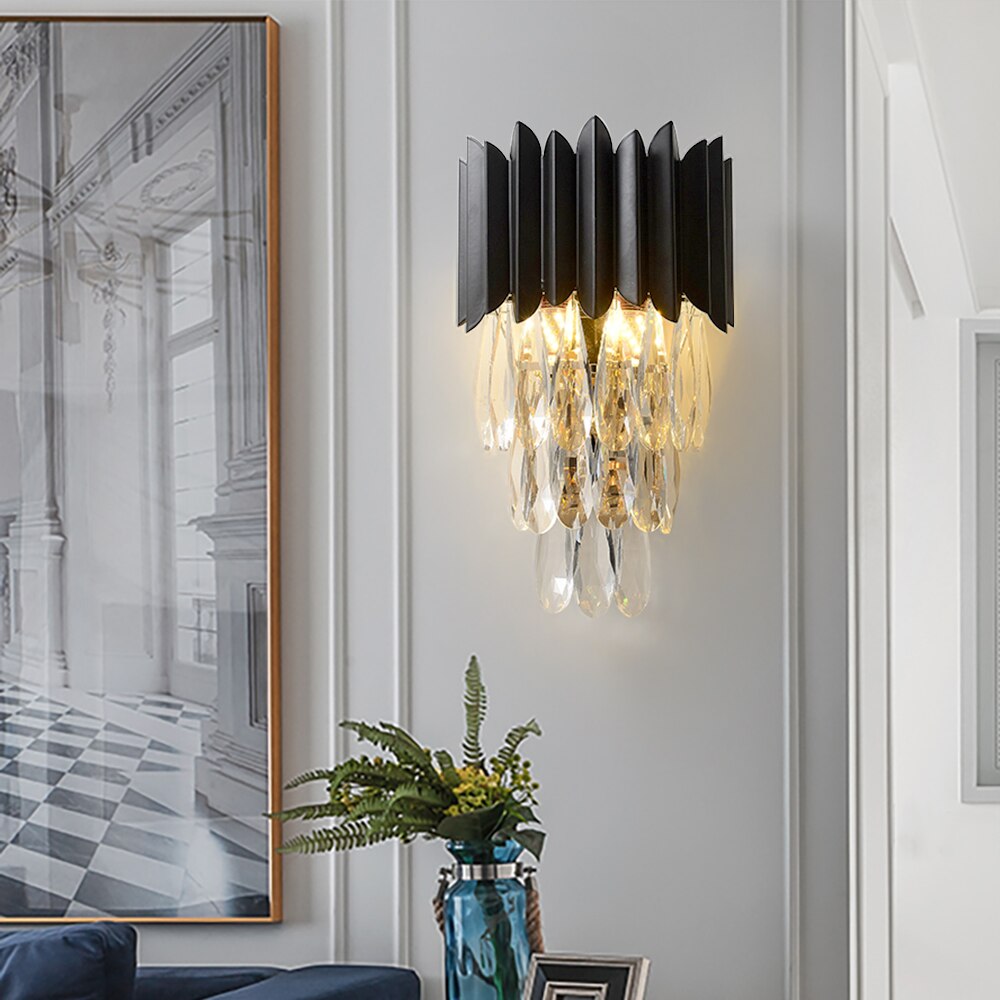 Doral Wall Light installed beside a window showcasing its black fins and cascading crystals